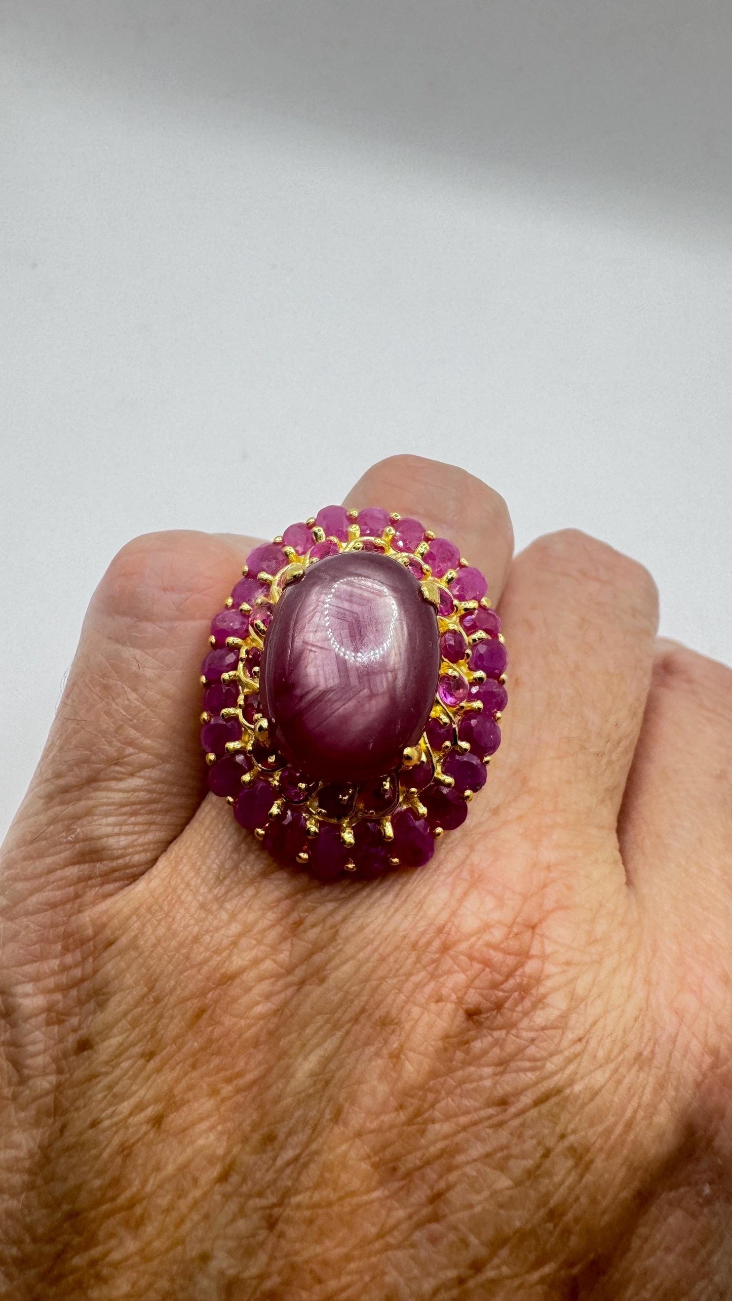 Vintage Pink Star Ruby Gold 925 Sterling Silver Cocktail Ring