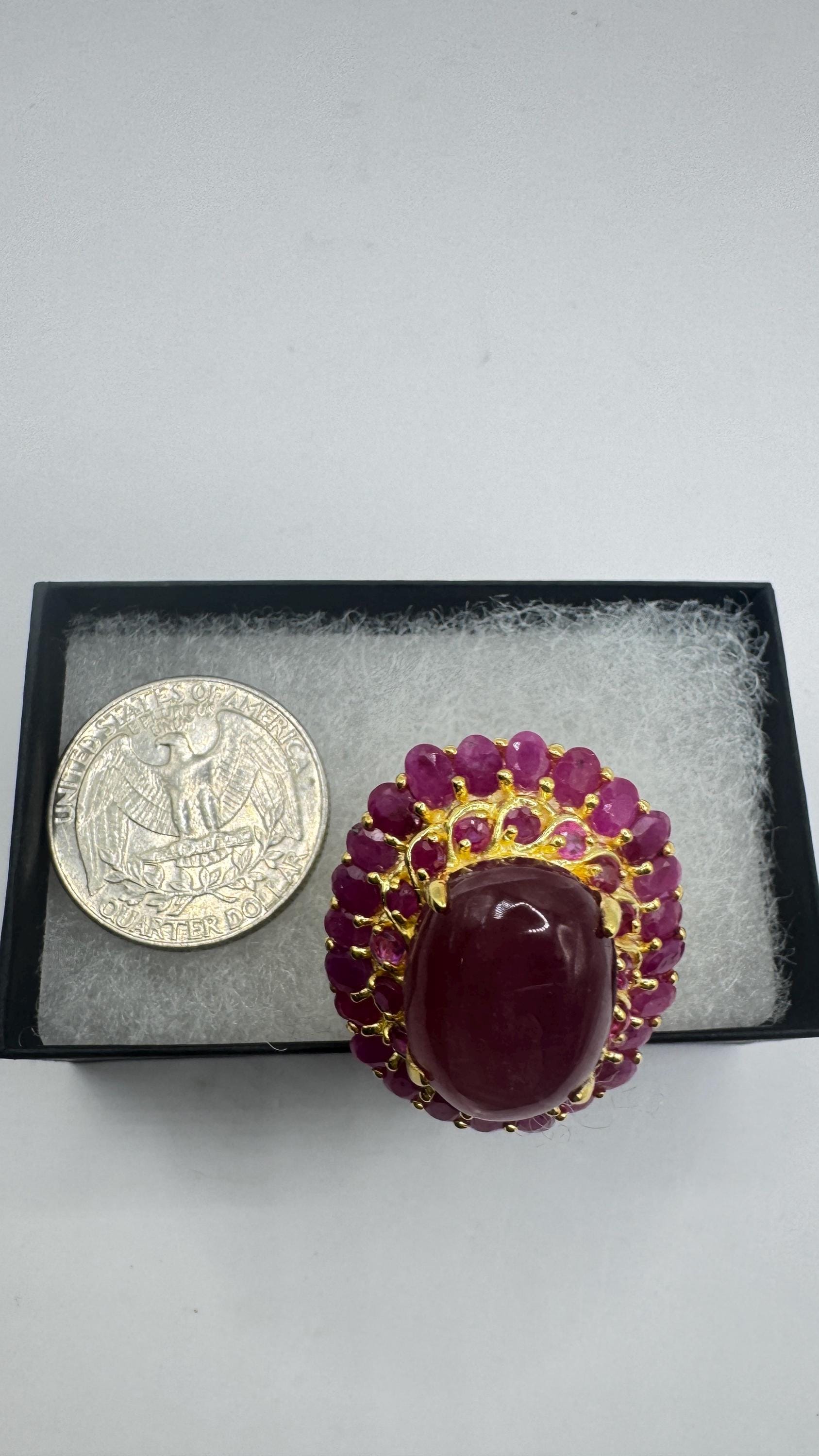 Vintage Pink Star Ruby Gold 925 Sterling Silver Cocktail Ring