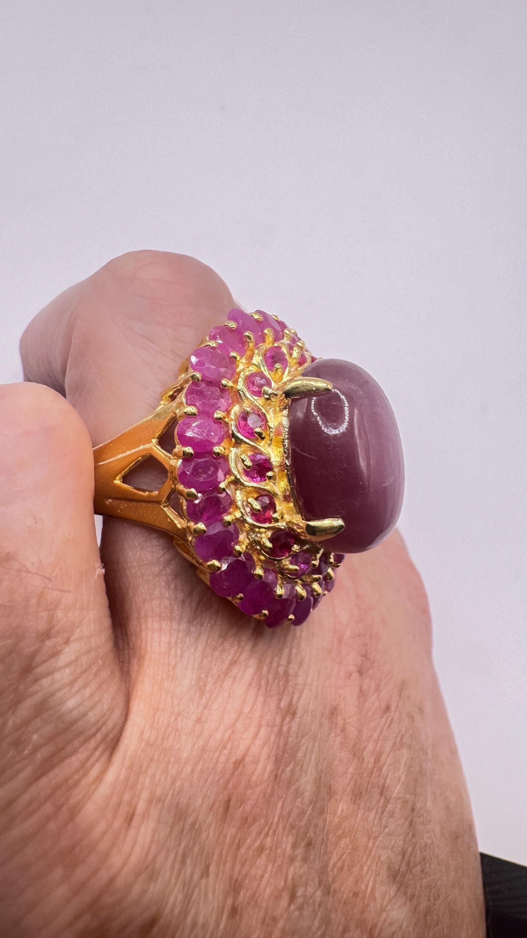 Vintage Pink Star Ruby Gold 925 Sterling Silver Cocktail Ring