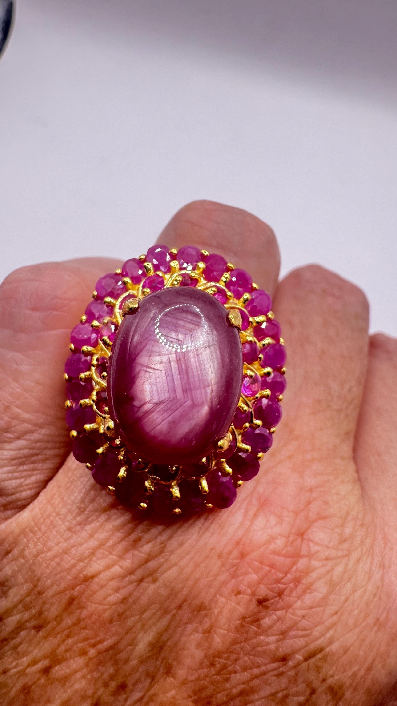 Vintage Pink Star Ruby Gold 925 Sterling Silver Cocktail Ring