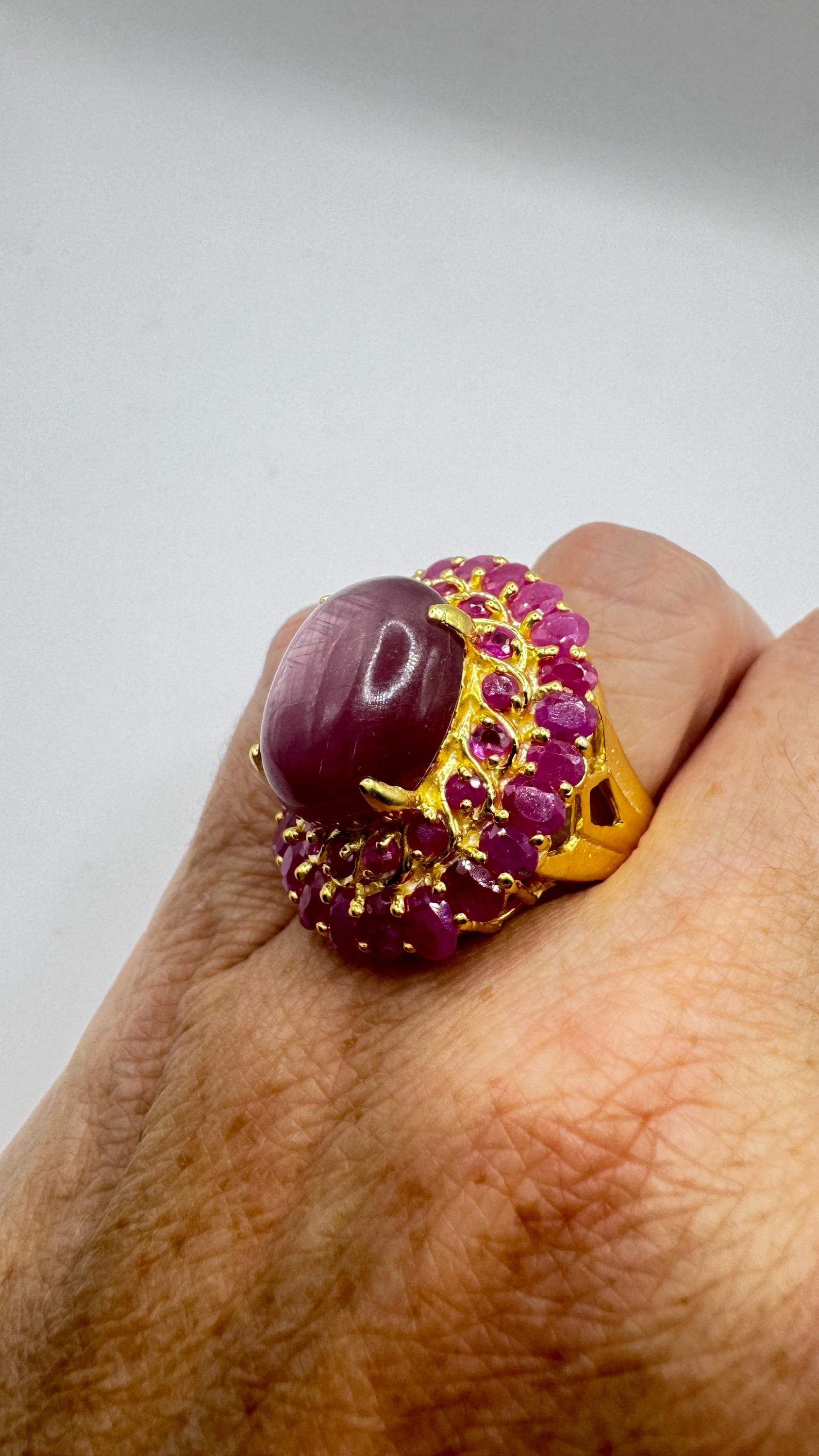 Vintage Pink Star Ruby Gold 925 Sterling Silver Cocktail Ring