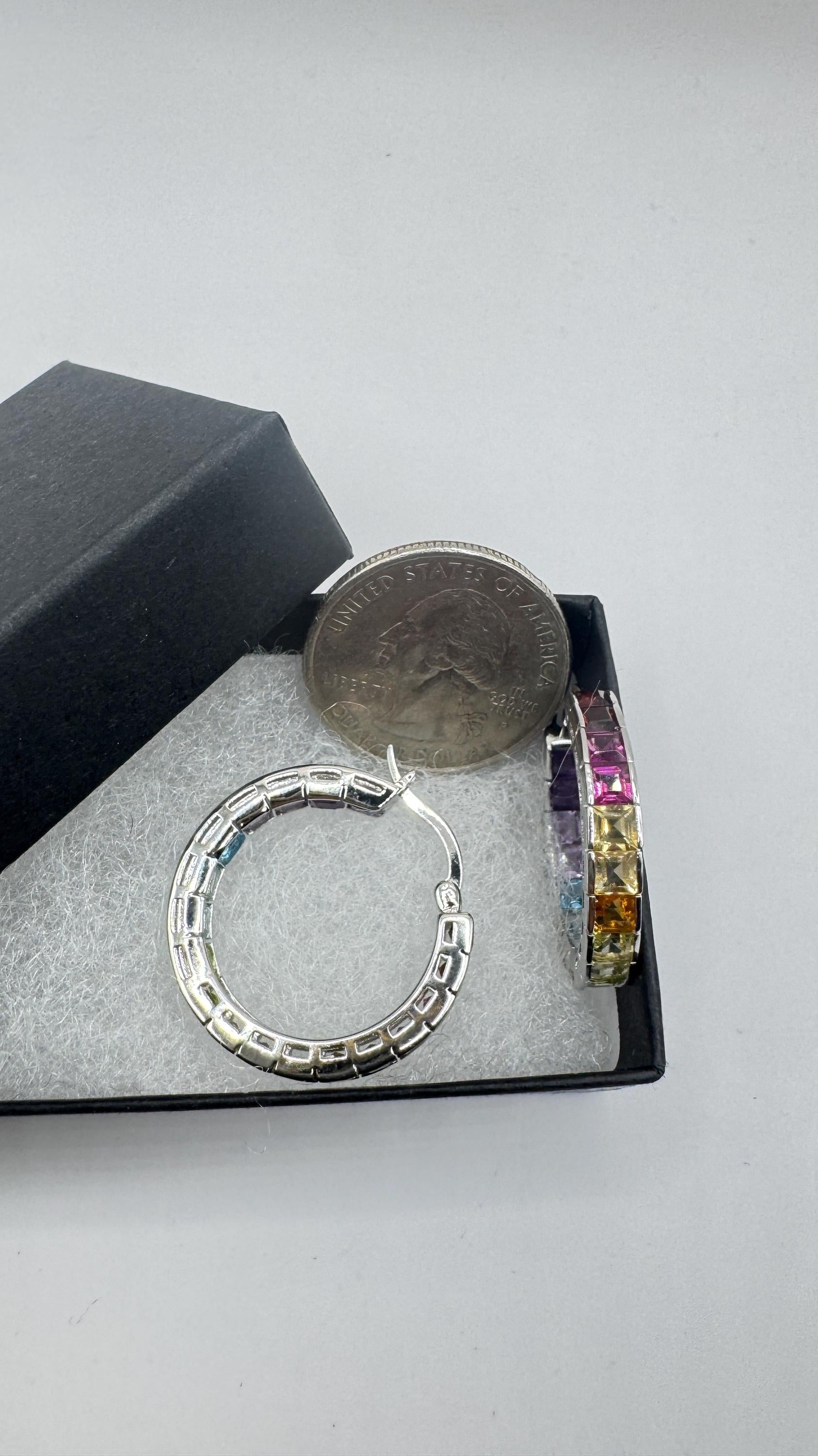 Vintage Gemstone Hoop Earrings 925 Sterling Silver