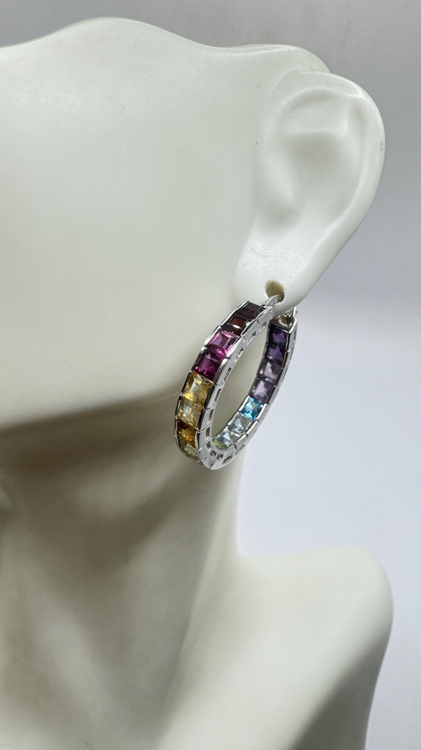 Vintage Gemstone Hoop Earrings 925 Sterling Silver