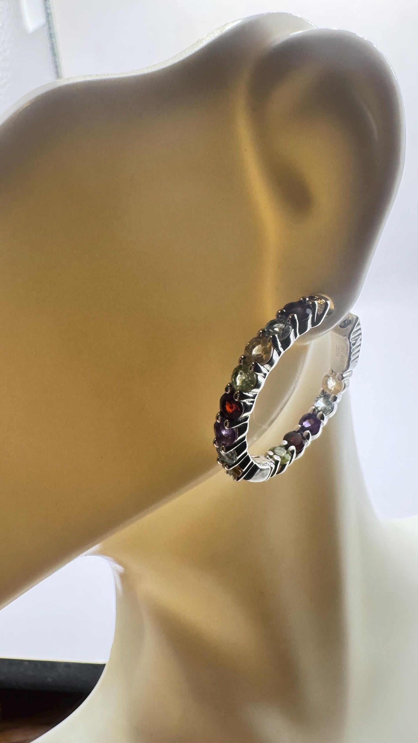 Vintage Gemstone Hoop Earrings 925 Sterling Silver