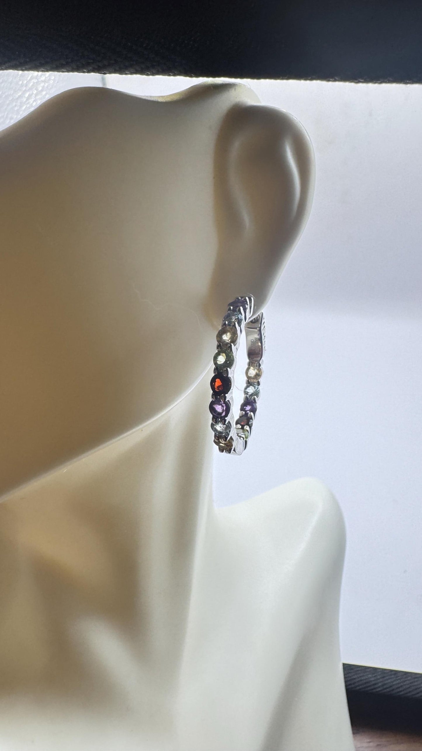 Vintage Gemstone Hoop Earrings 925 Sterling Silver