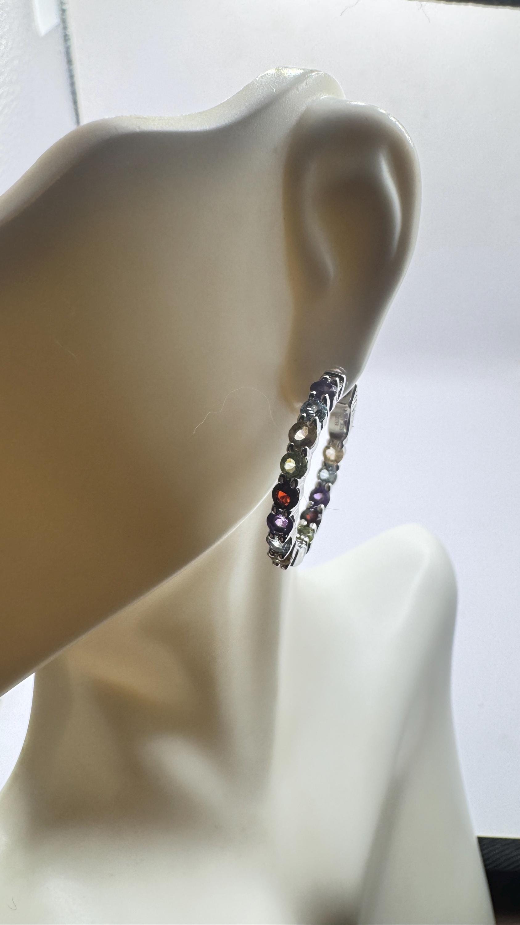 Vintage Gemstone Hoop Earrings 925 Sterling Silver