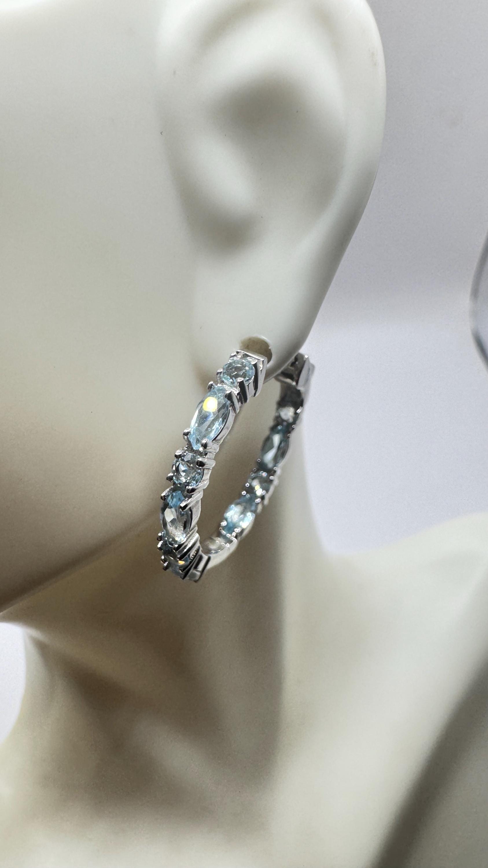 Vintage 925 Sterling Silver Blue Topaz Hoop Earrings