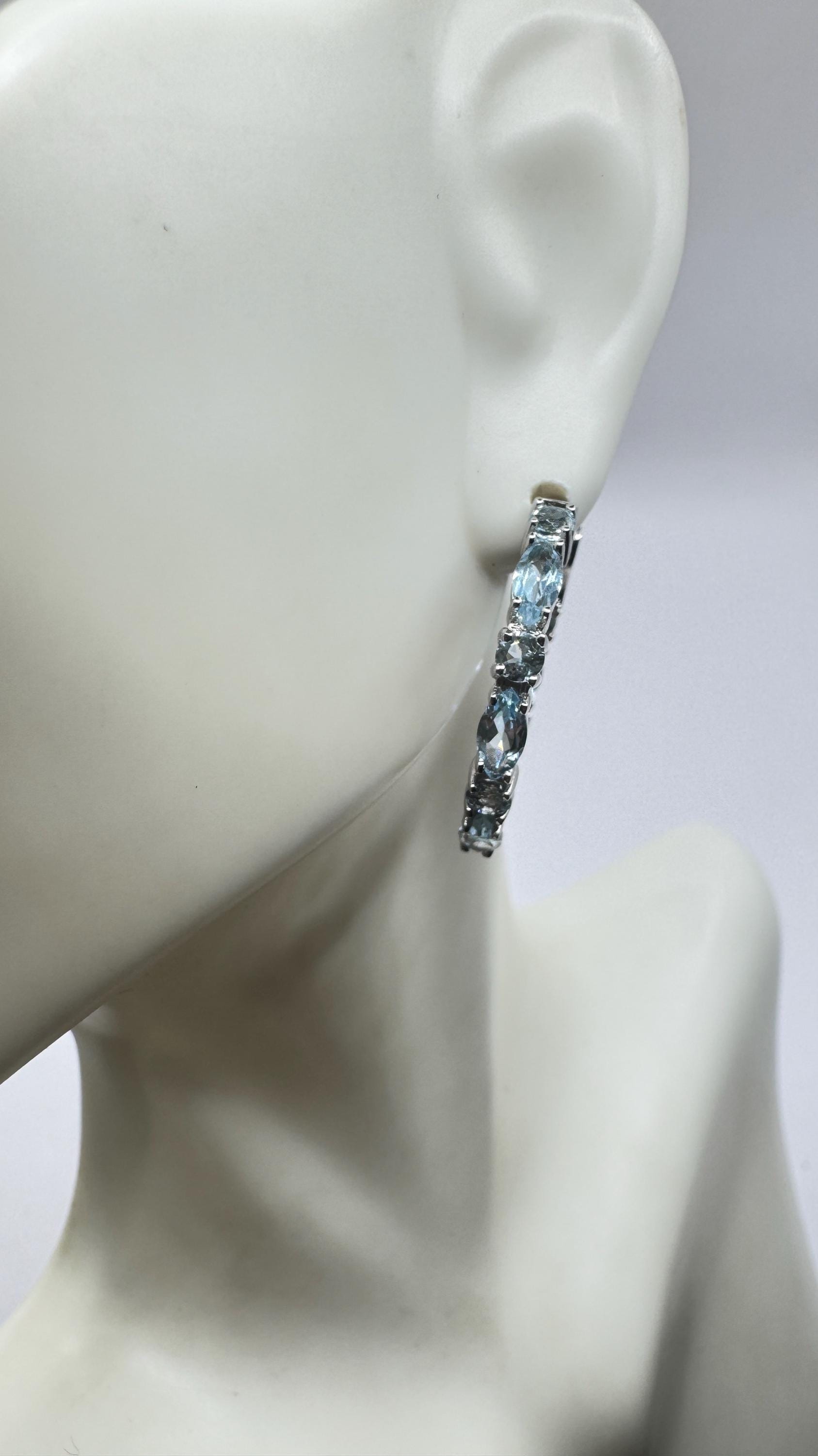 Vintage 925 Sterling Silver Blue Topaz Hoop Earrings