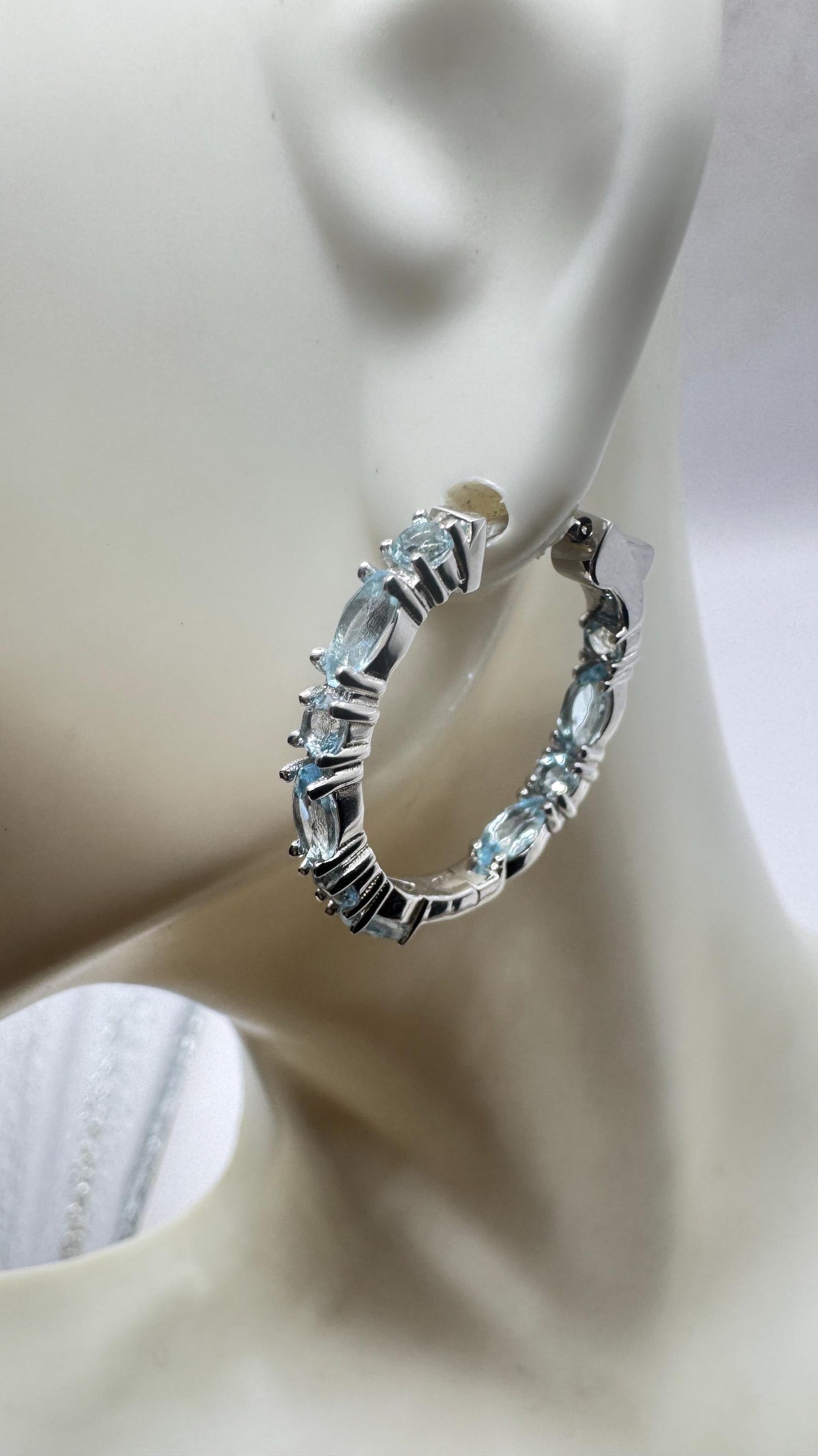 Vintage 925 Sterling Silver Blue Topaz Hoop Earrings