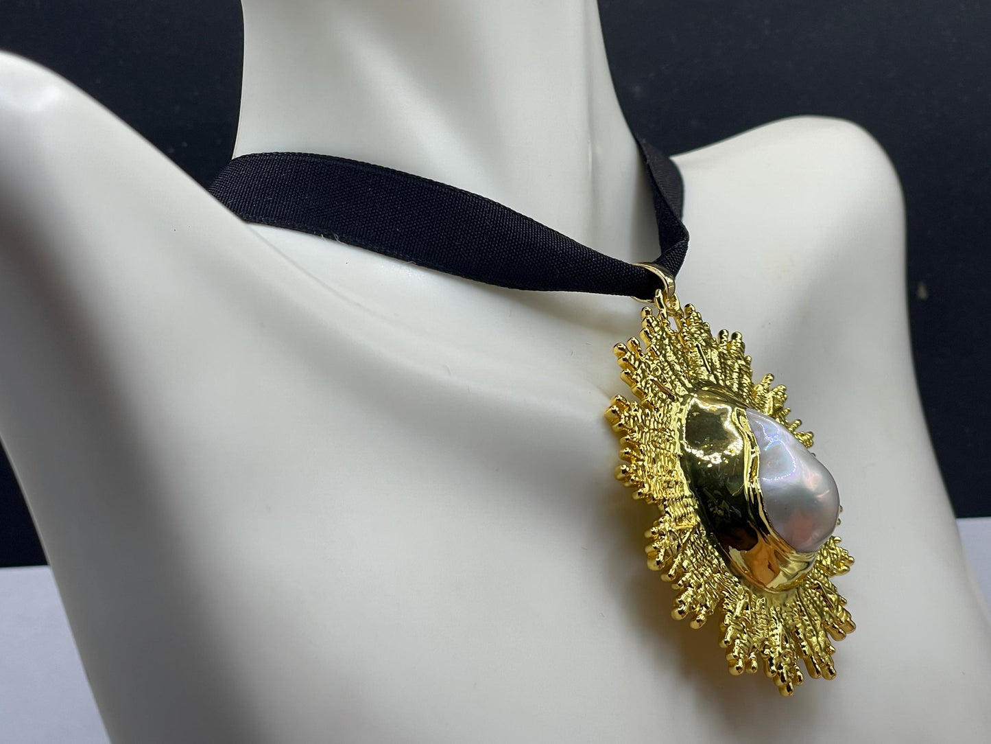 Vintage Pearl Sun Black Velvet Choker Gold Filled Pendant