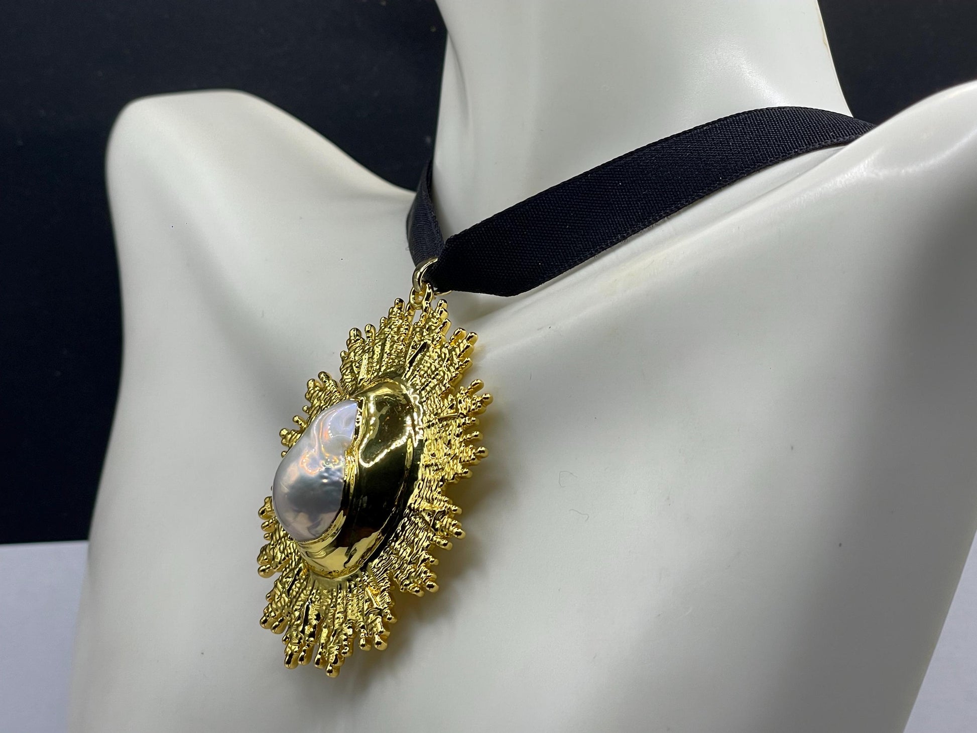 Vintage Pearl Sun Black Velvet Choker Gold Filled Pendant