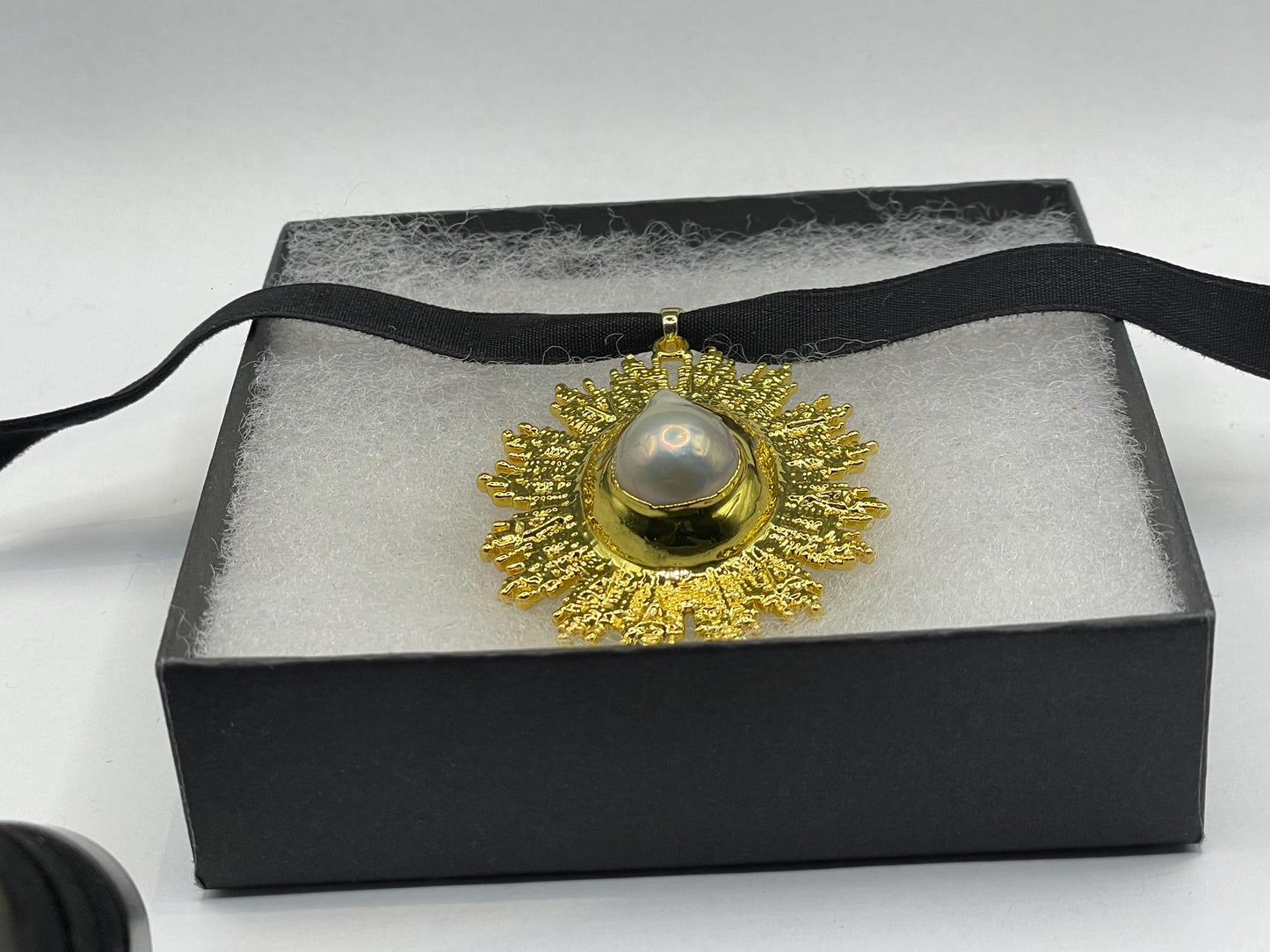 Vintage Pearl Sun Black Velvet Choker Gold Filled Pendant