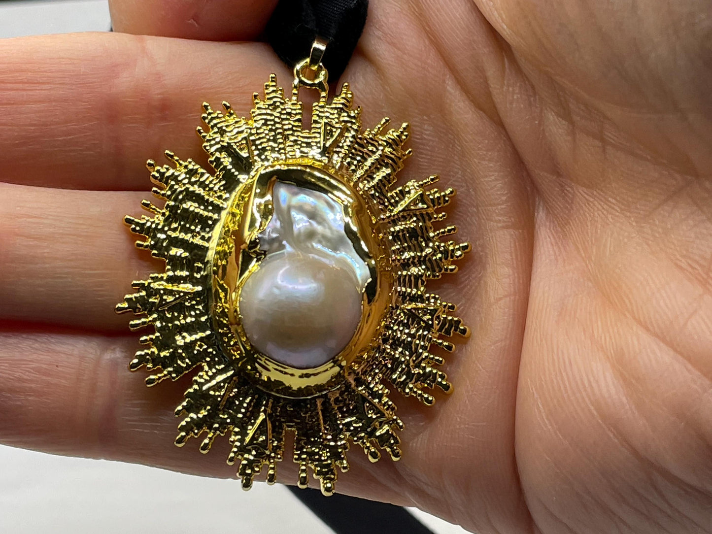 Vintage Pearl Sun Black Velvet Choker Gold Filled Pendant