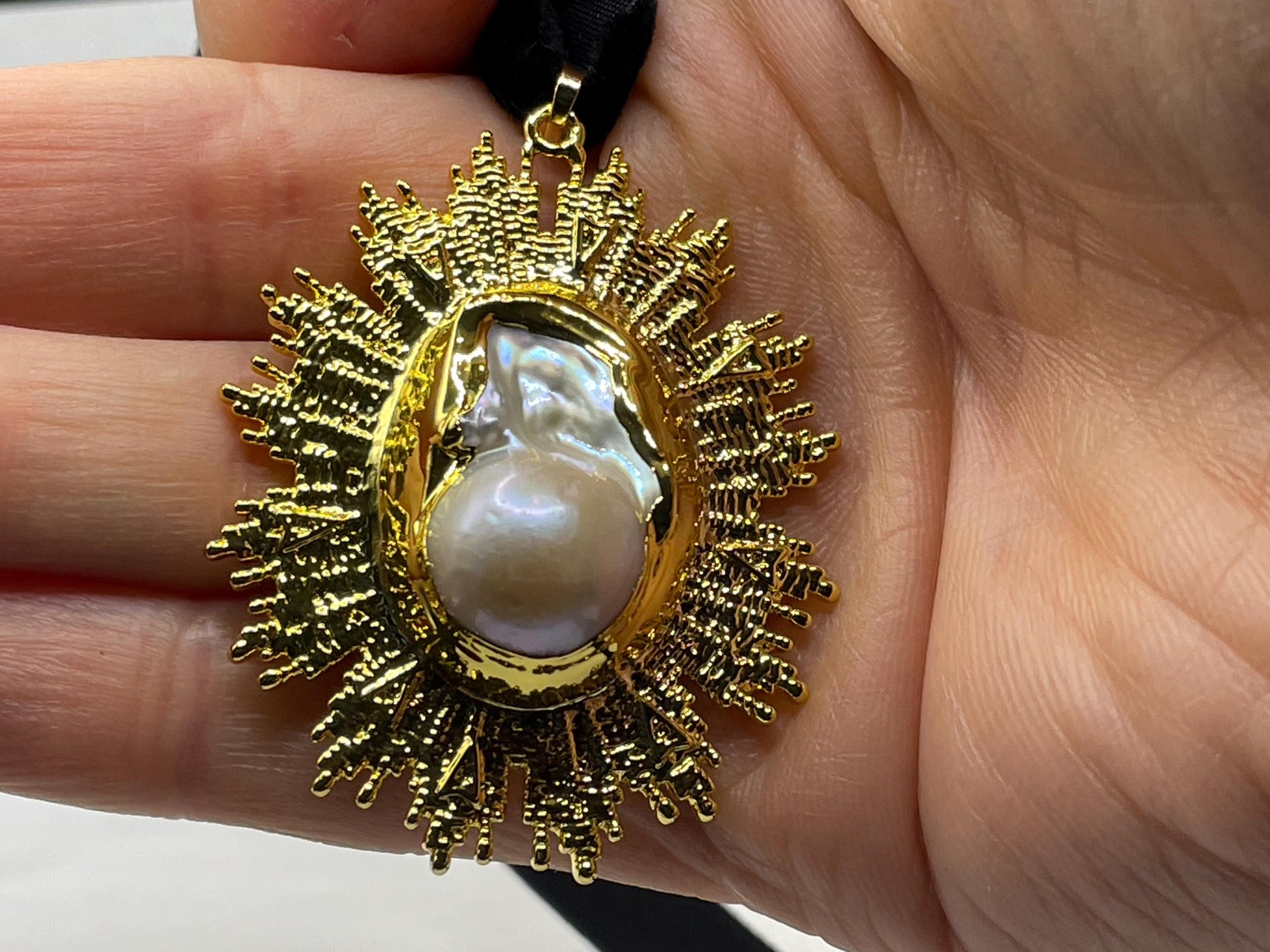 Vintage Pearl Sun Black Velvet Choker Gold Filled Pendant