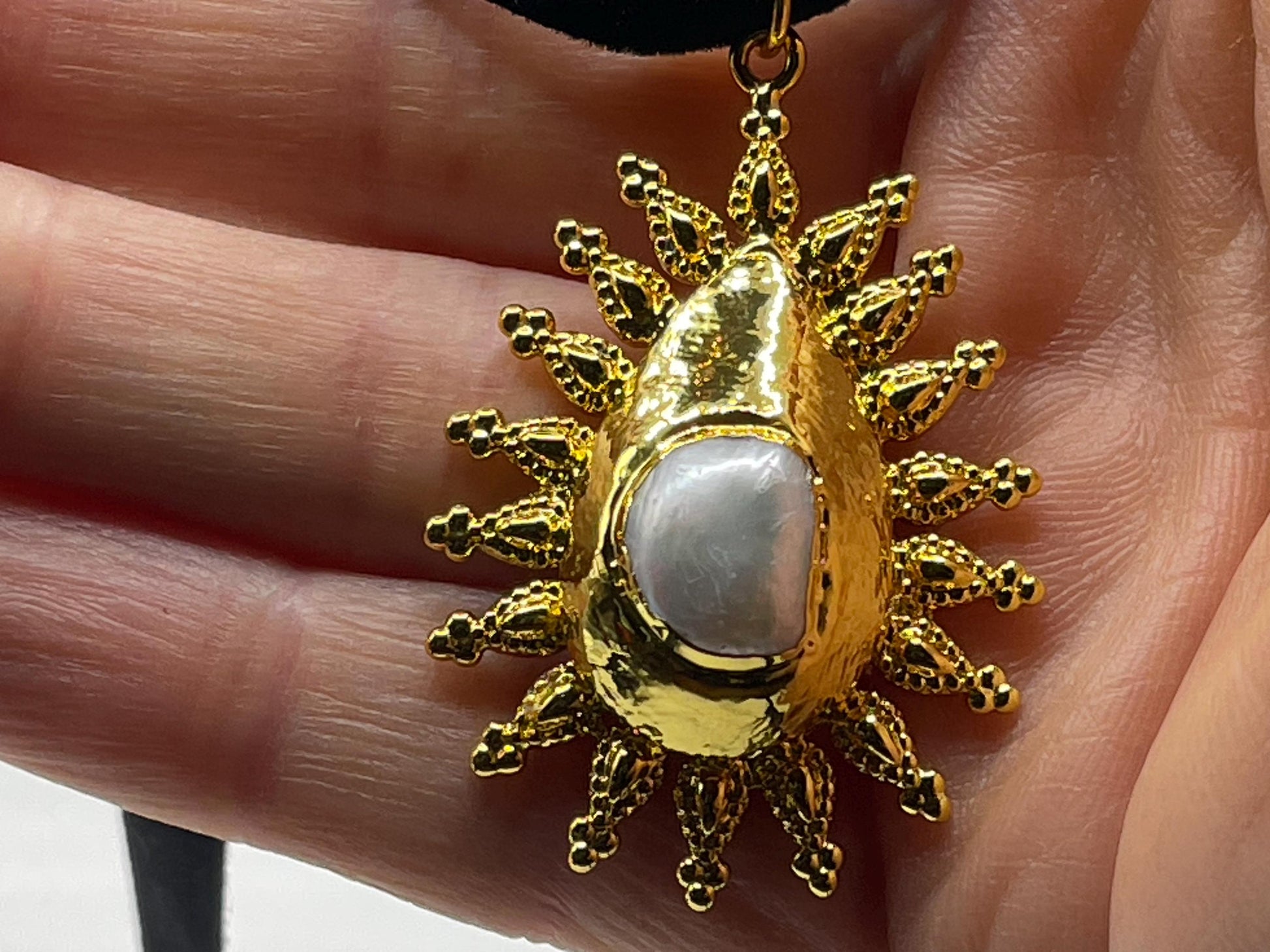 Vintage Pearl Sun Black Velvet Choker Gold Filled Pendant