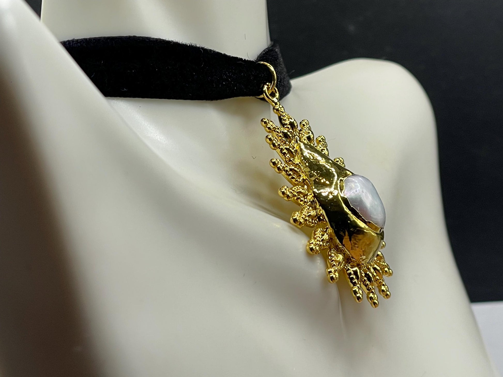 Vintage Pearl Sun Black Velvet Choker Gold Filled Pendant