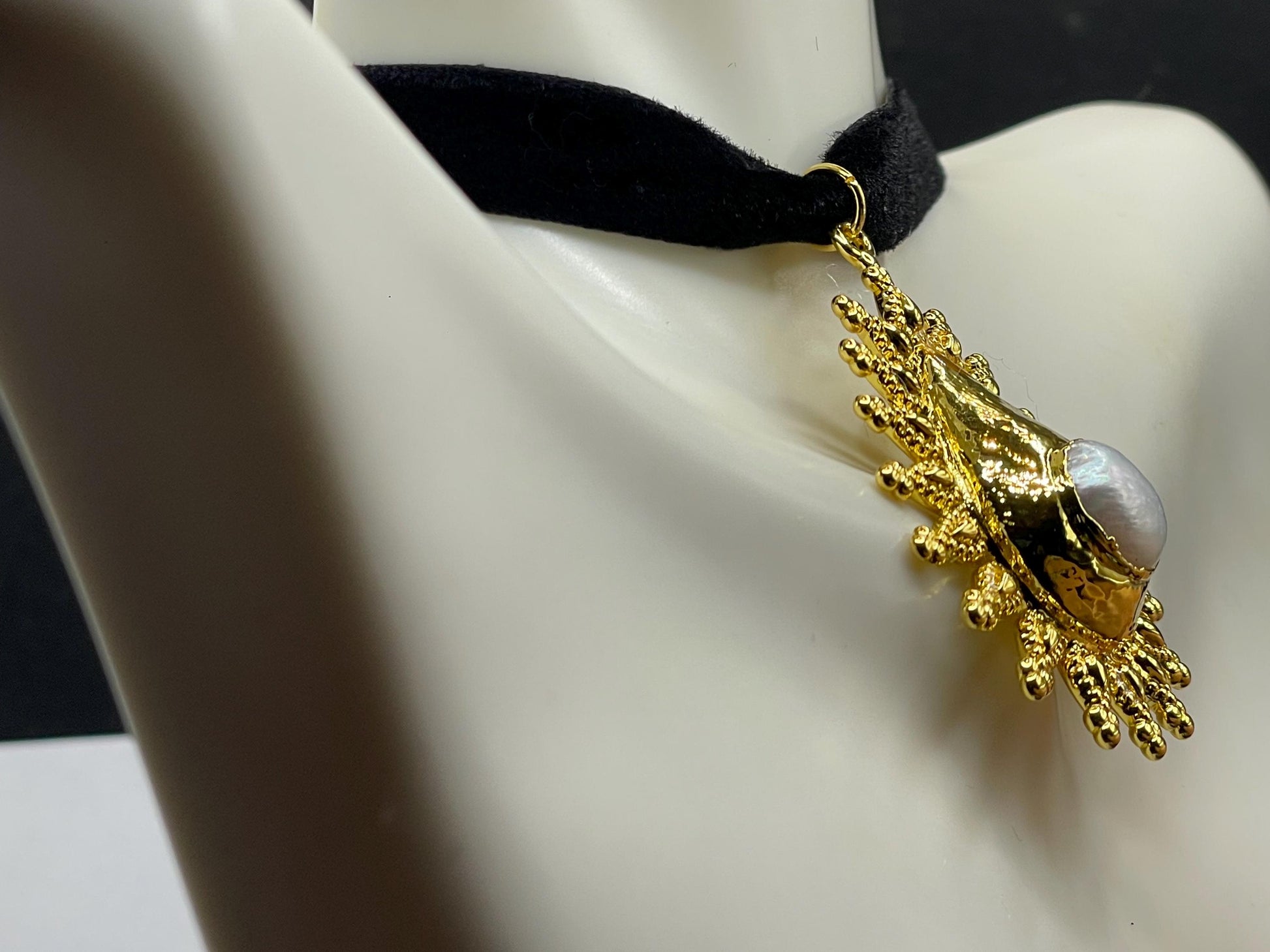 Vintage Pearl Sun Black Velvet Choker Gold Filled Pendant