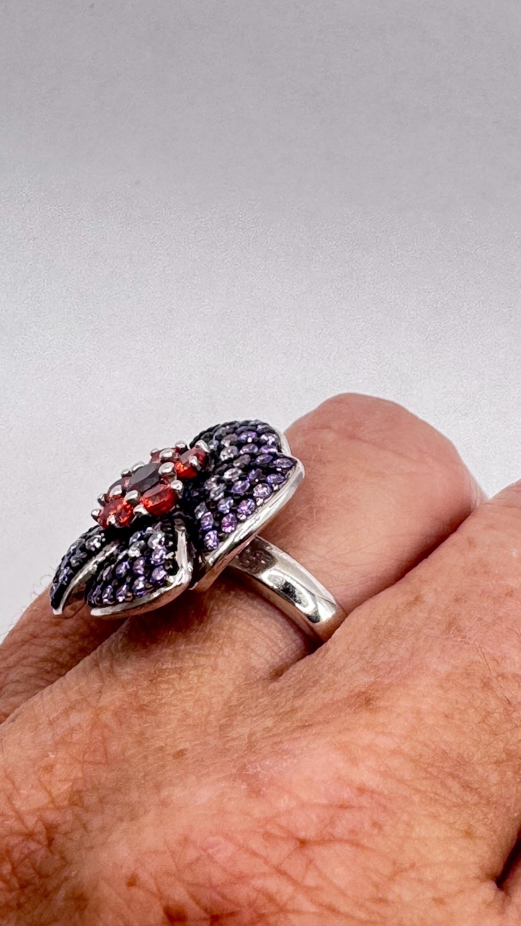 Vintage Purple Amethyst Garnet Flower Ring 925 Sterling Silver