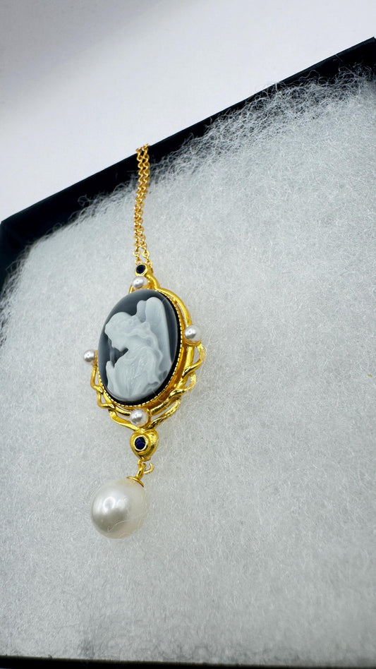 Vintage Carved Angel Onyx Cameo Gold 925 Sterling silver Necklace Choker