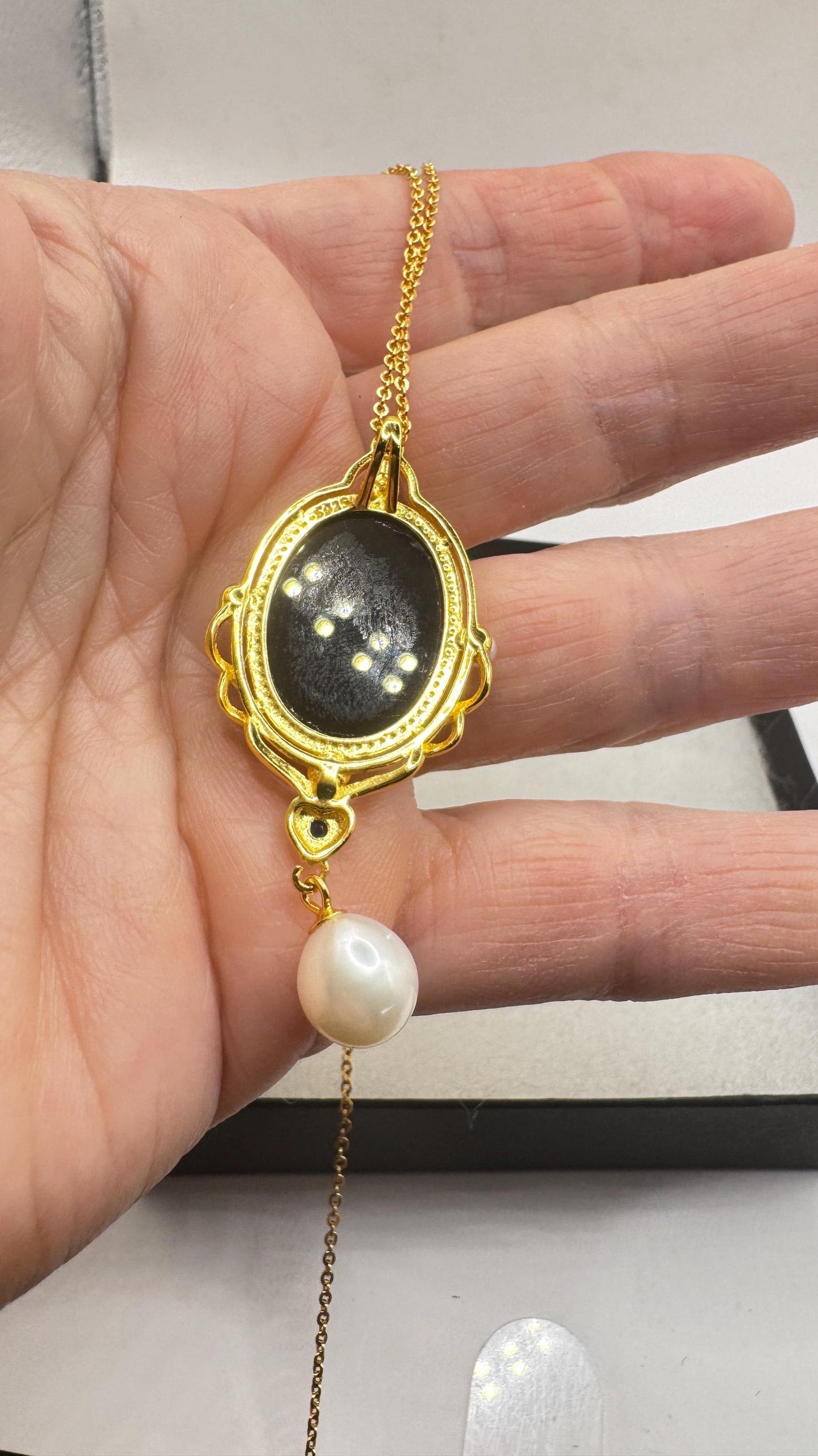 Vintage Carved Angel Onyx Cameo Gold 925 Sterling silver Necklace Choker