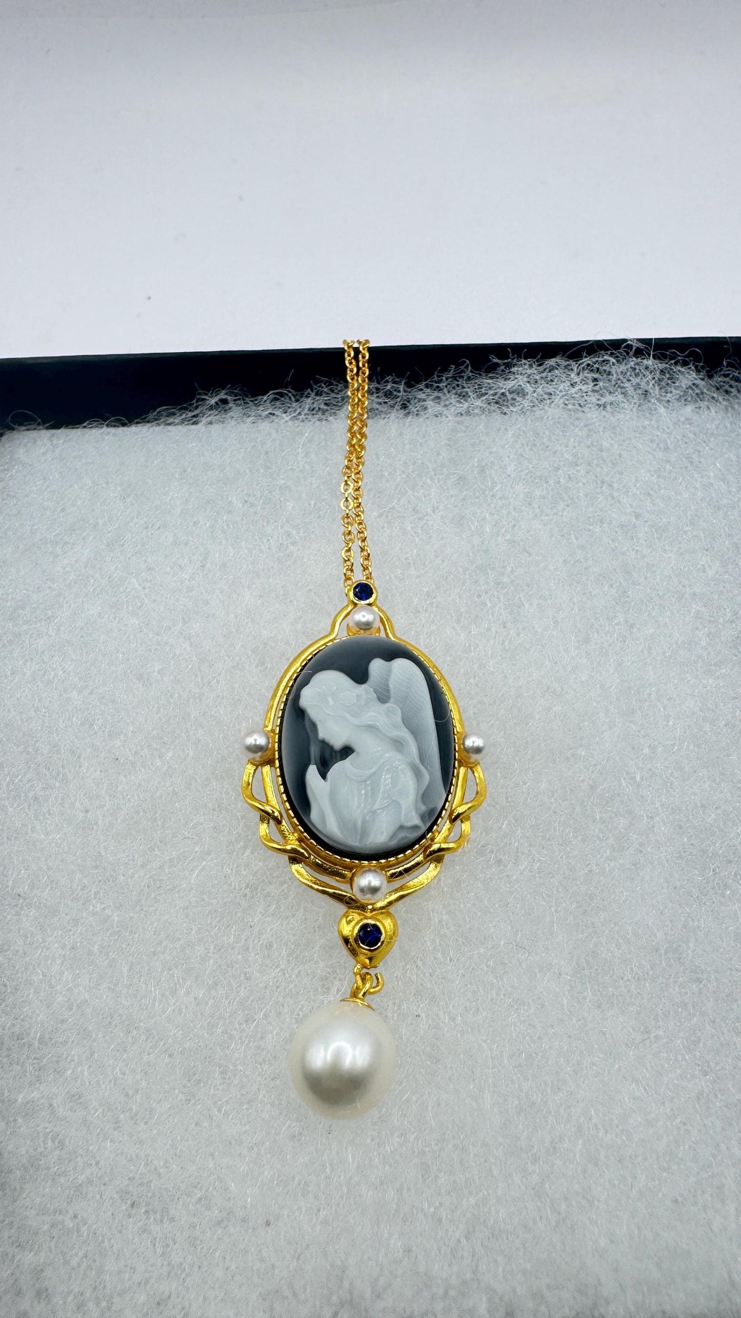 Vintage Carved Angel Onyx Cameo Gold 925 Sterling silver Necklace Choker