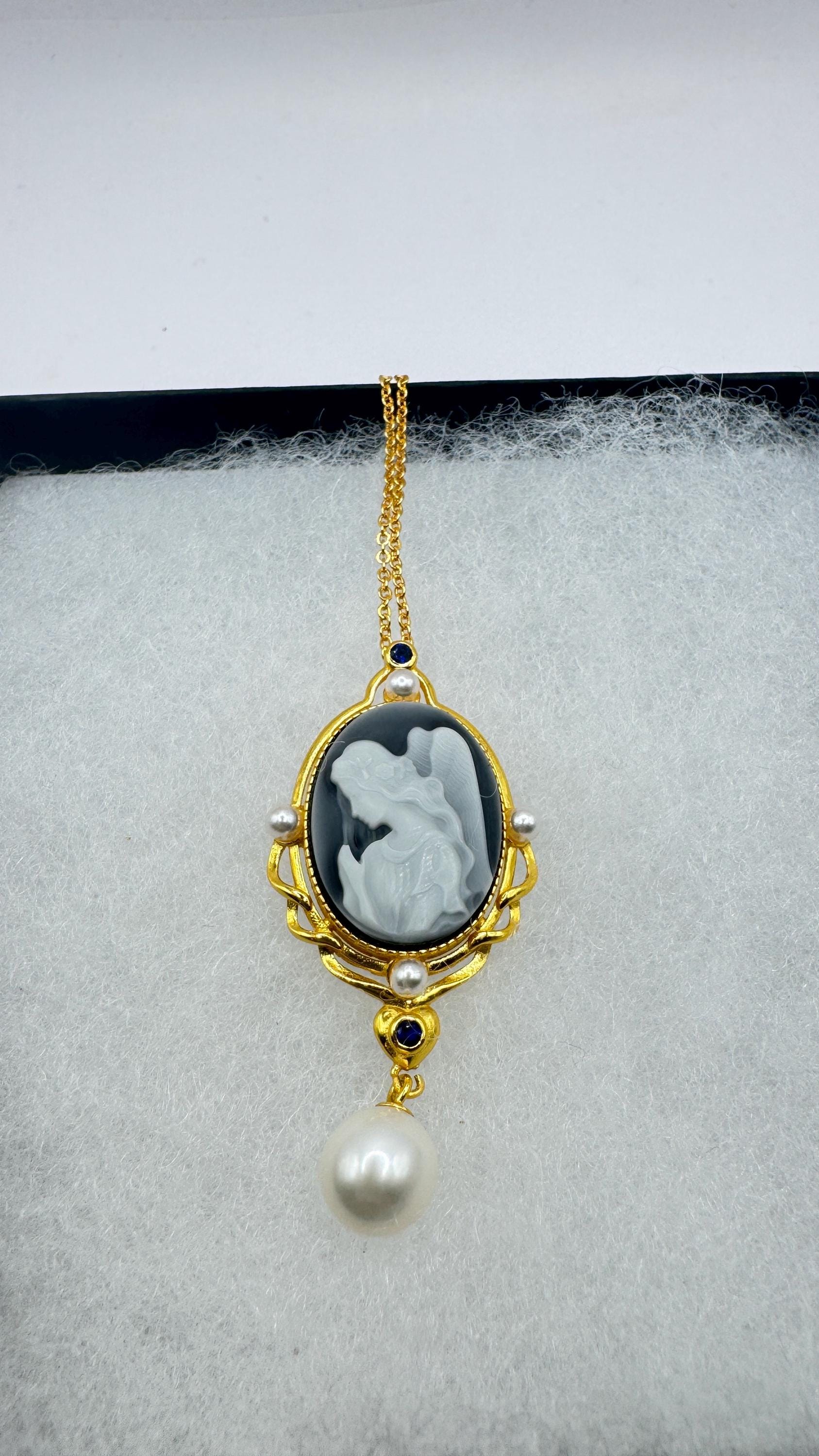 Vintage Carved Angel Onyx Cameo Gold 925 Sterling silver Necklace Choker