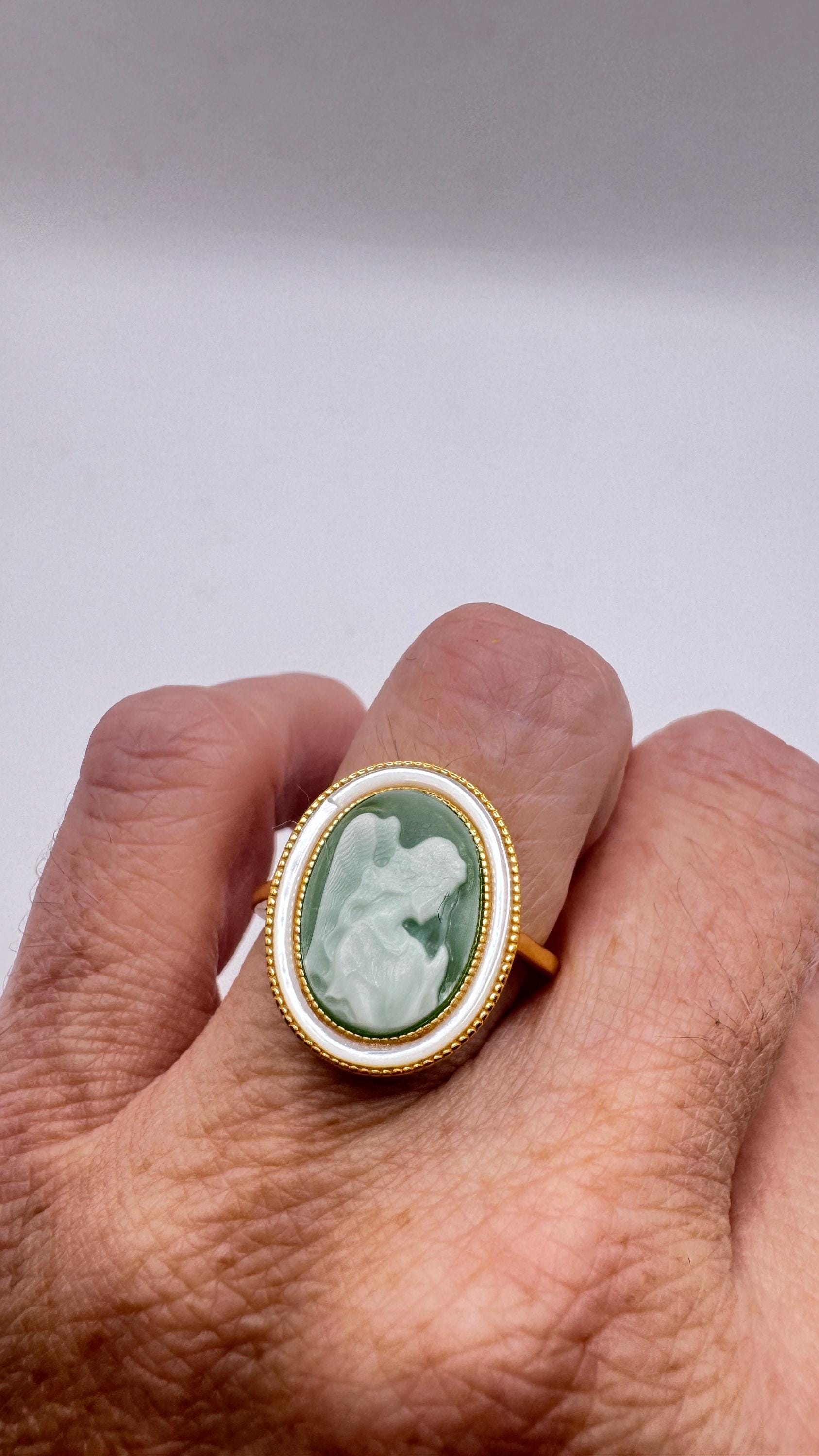 Vintage Green Onyx Angel Cameo Gold 925 Sterling Silver Cocktail Ring