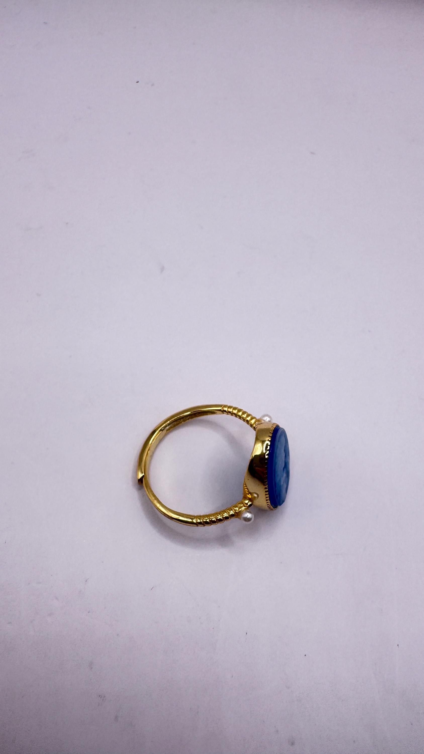 Vintage Blue Onyx Rose Cameo Gold 925 Sterling Silver Cocktail Ring