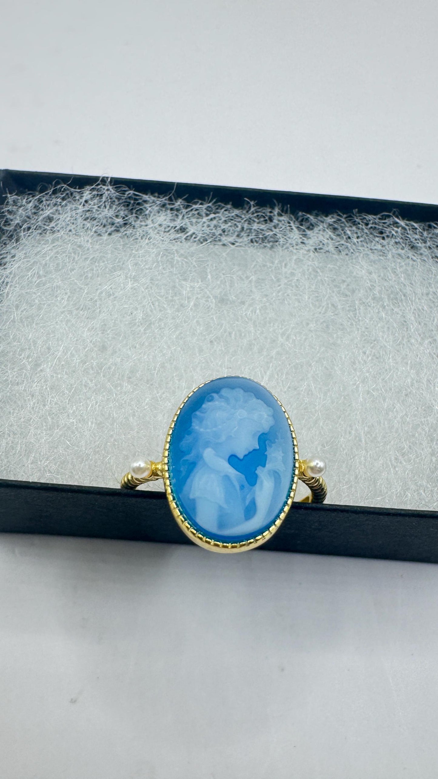 Vintage Blue Onyx Rose Cameo Gold 925 Sterling Silver Cocktail Ring