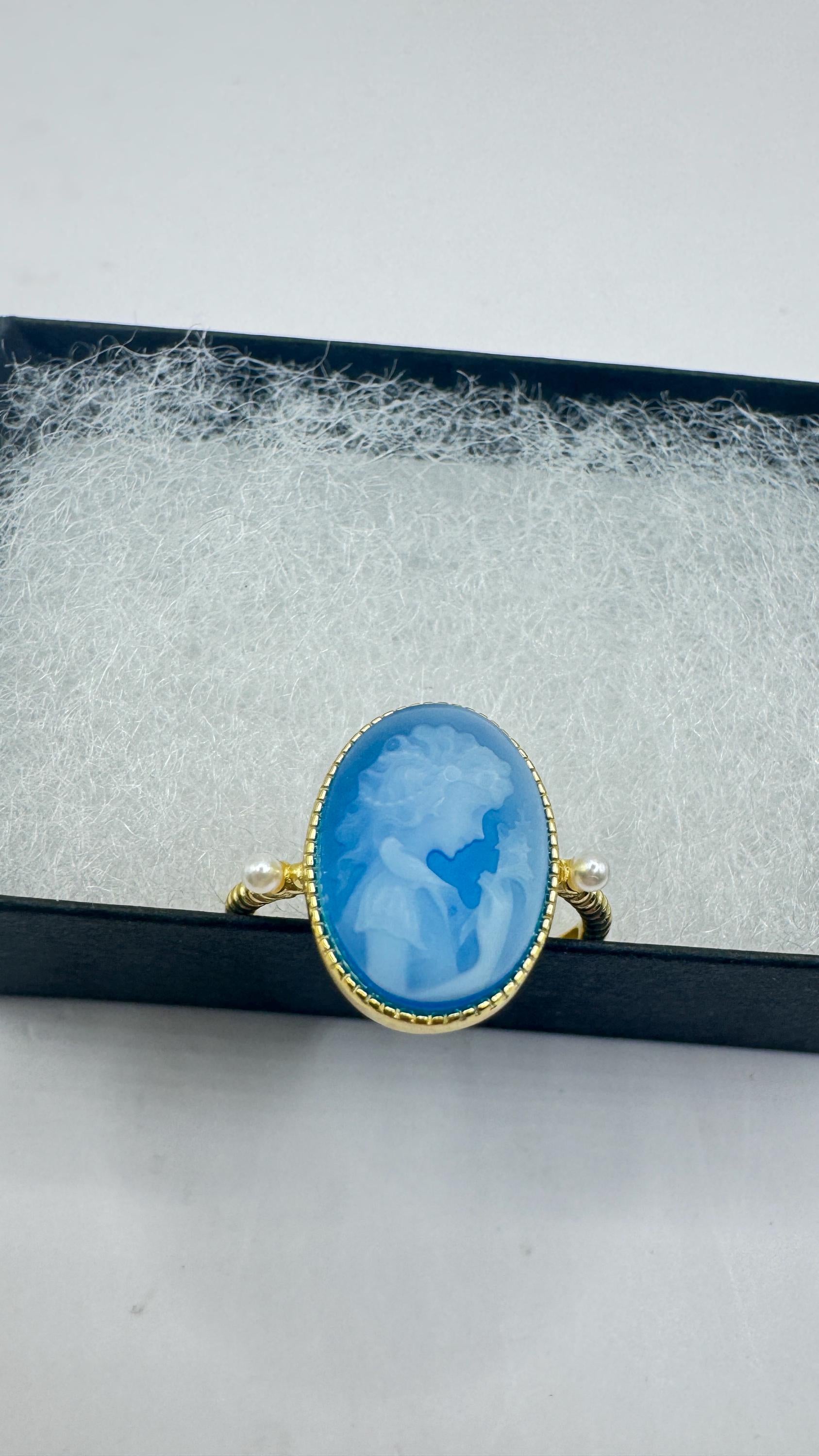 Vintage Blue Onyx Rose Cameo Gold 925 Sterling Silver Cocktail Ring