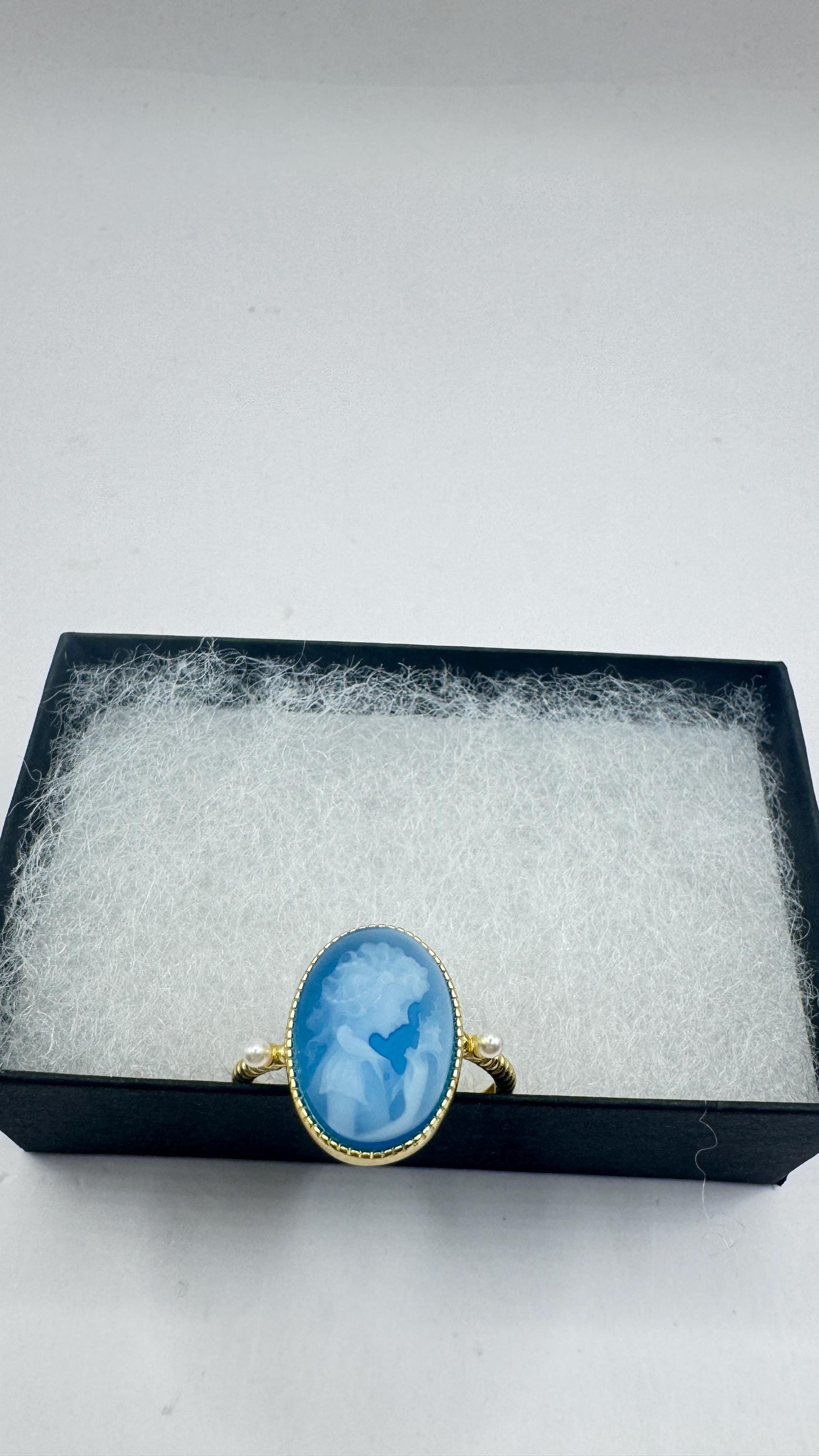 Vintage Blue Onyx Rose Cameo Gold 925 Sterling Silver Cocktail Ring