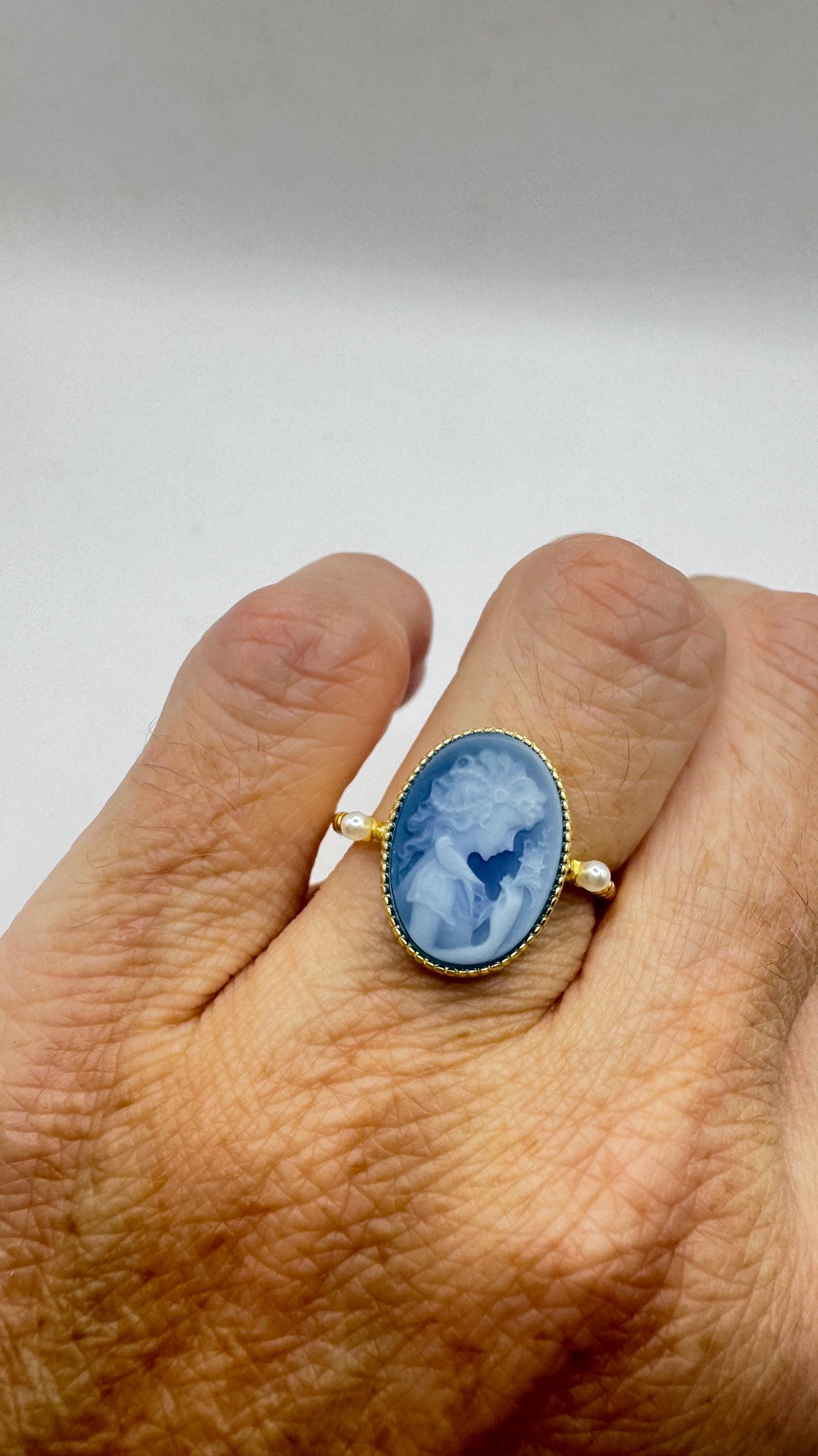 Vintage Blue Onyx Rose Cameo Gold 925 Sterling Silver Cocktail Ring
