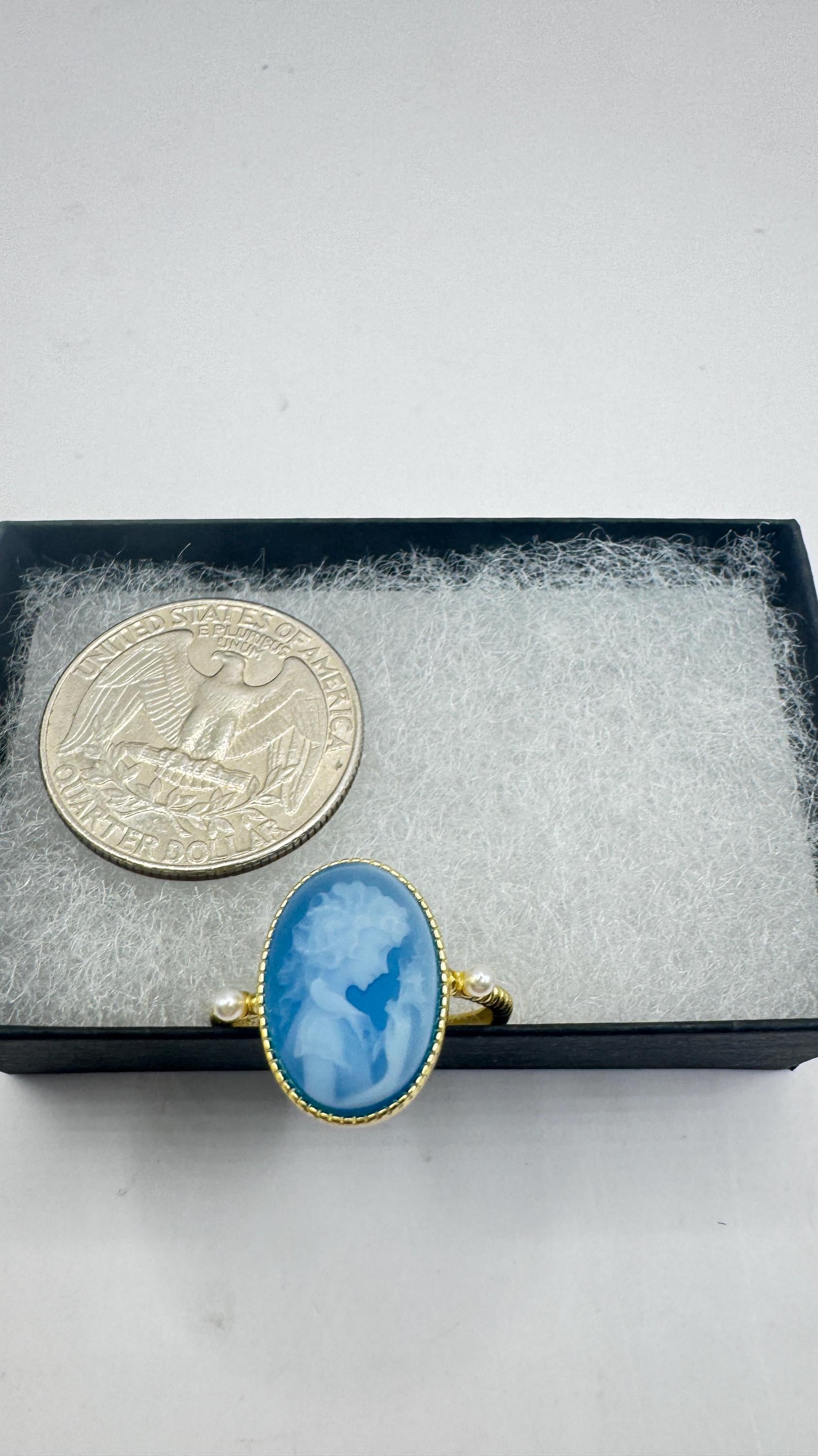 Vintage Blue Onyx Rose Cameo Gold 925 Sterling Silver Cocktail Ring