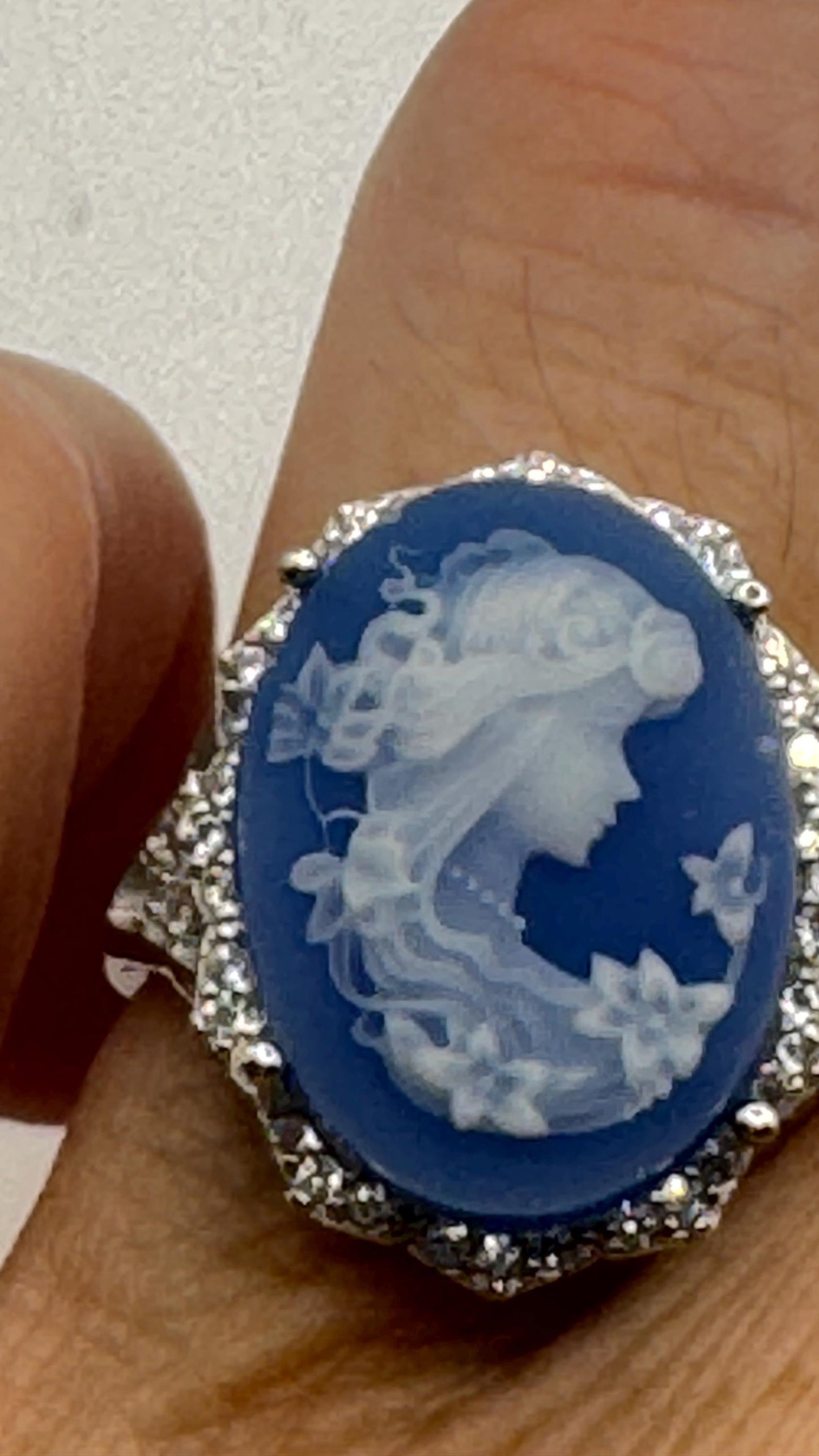 Vintage Blue Onyx Rose Cameo Gold 925 Sterling Silver Cocktail Ring