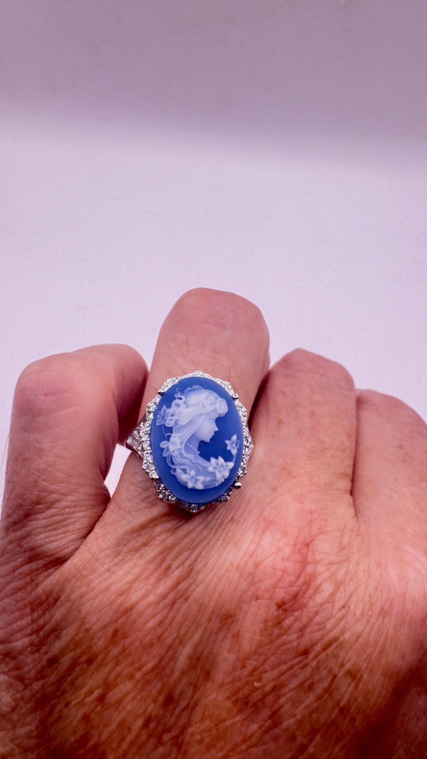 Vintage Blue Onyx Rose Cameo Gold 925 Sterling Silver Cocktail Ring