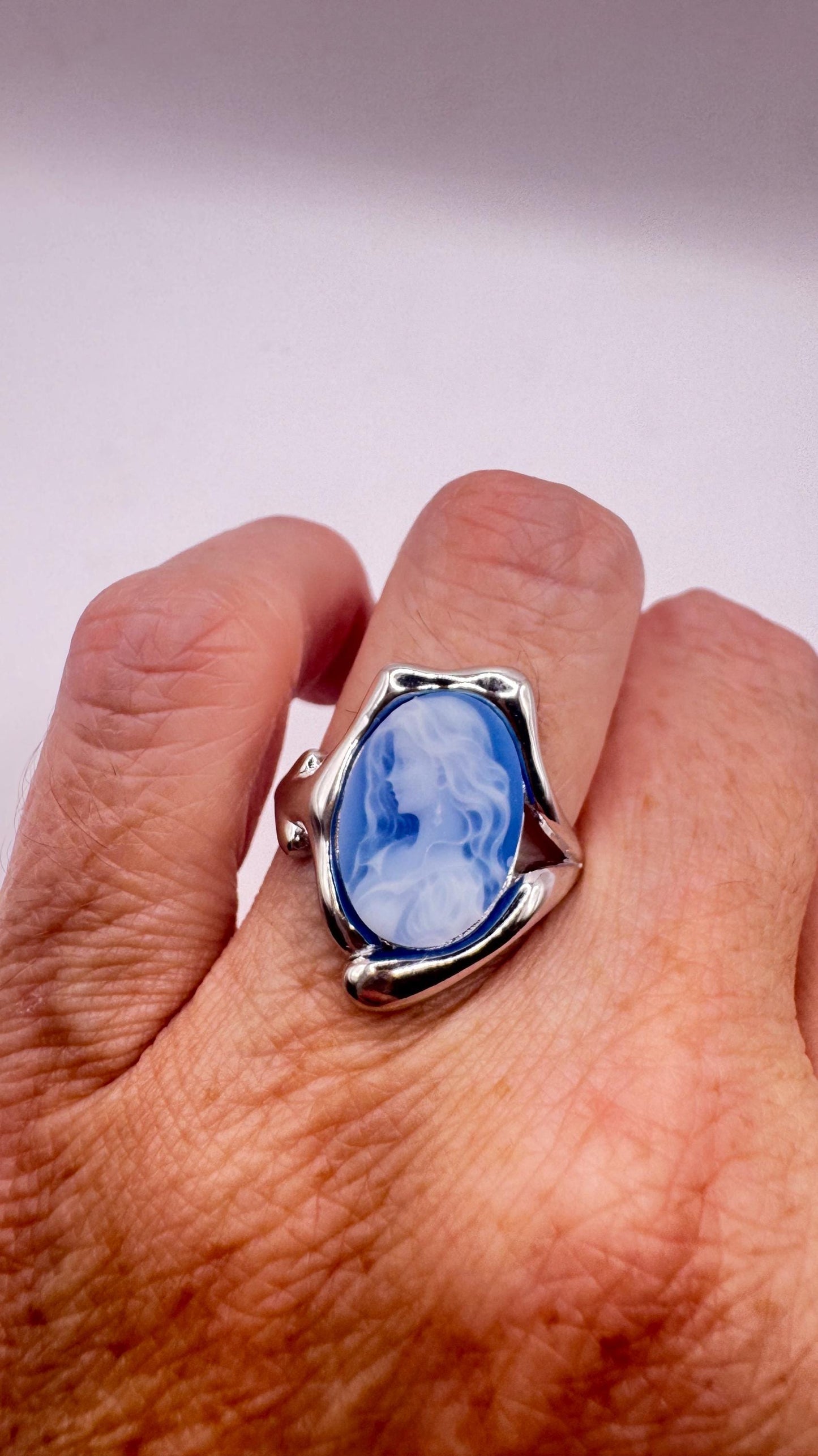 Vintage Blue Onyx Rose Cameo Gold 925 Sterling Silver Cocktail Ring