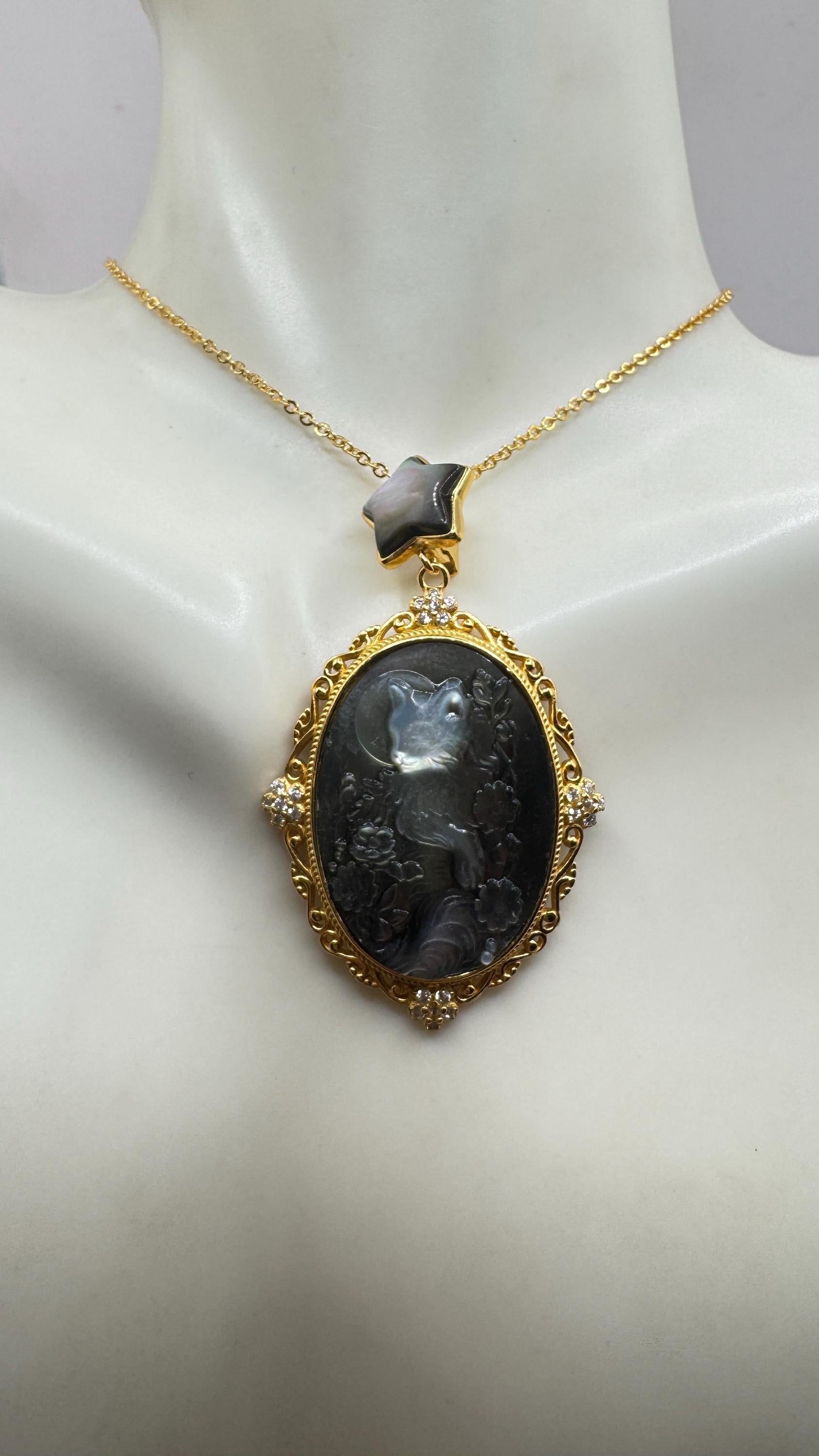 Vintage Cameo Cat 925 Sterling Silver Necklace Choker
