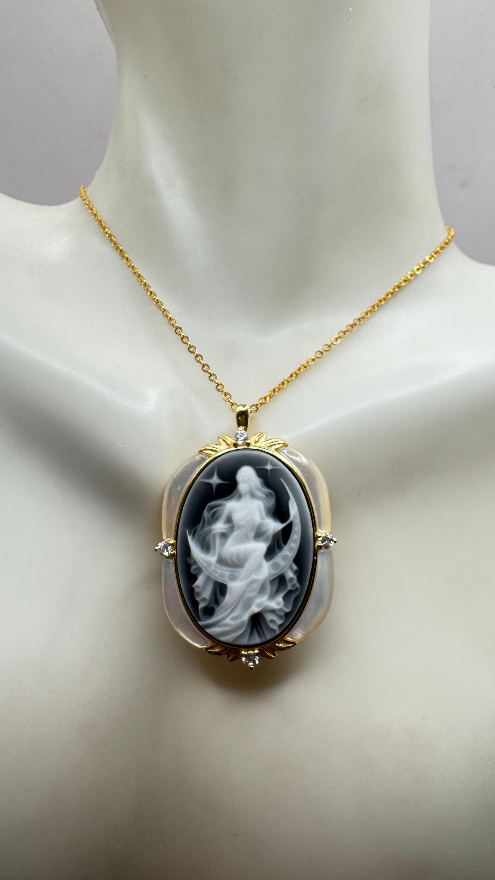 Vintage Moon Goddess Genuine Black Onyx Cameo Gold Sterling Silver Necklace Pin Brooch