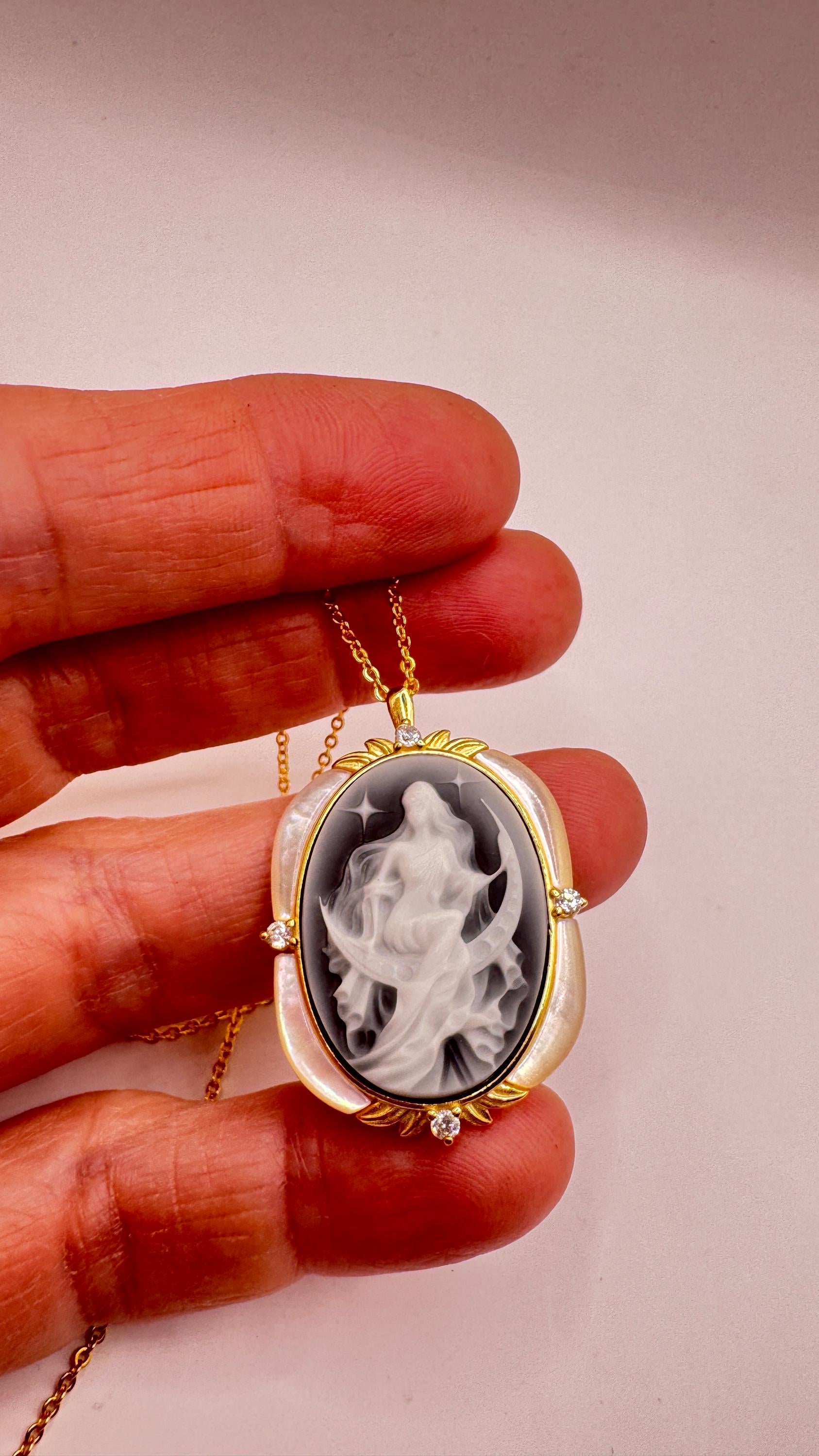 Vintage Moon Goddess Genuine Black Onyx Cameo Gold Sterling Silver Necklace Pin Brooch