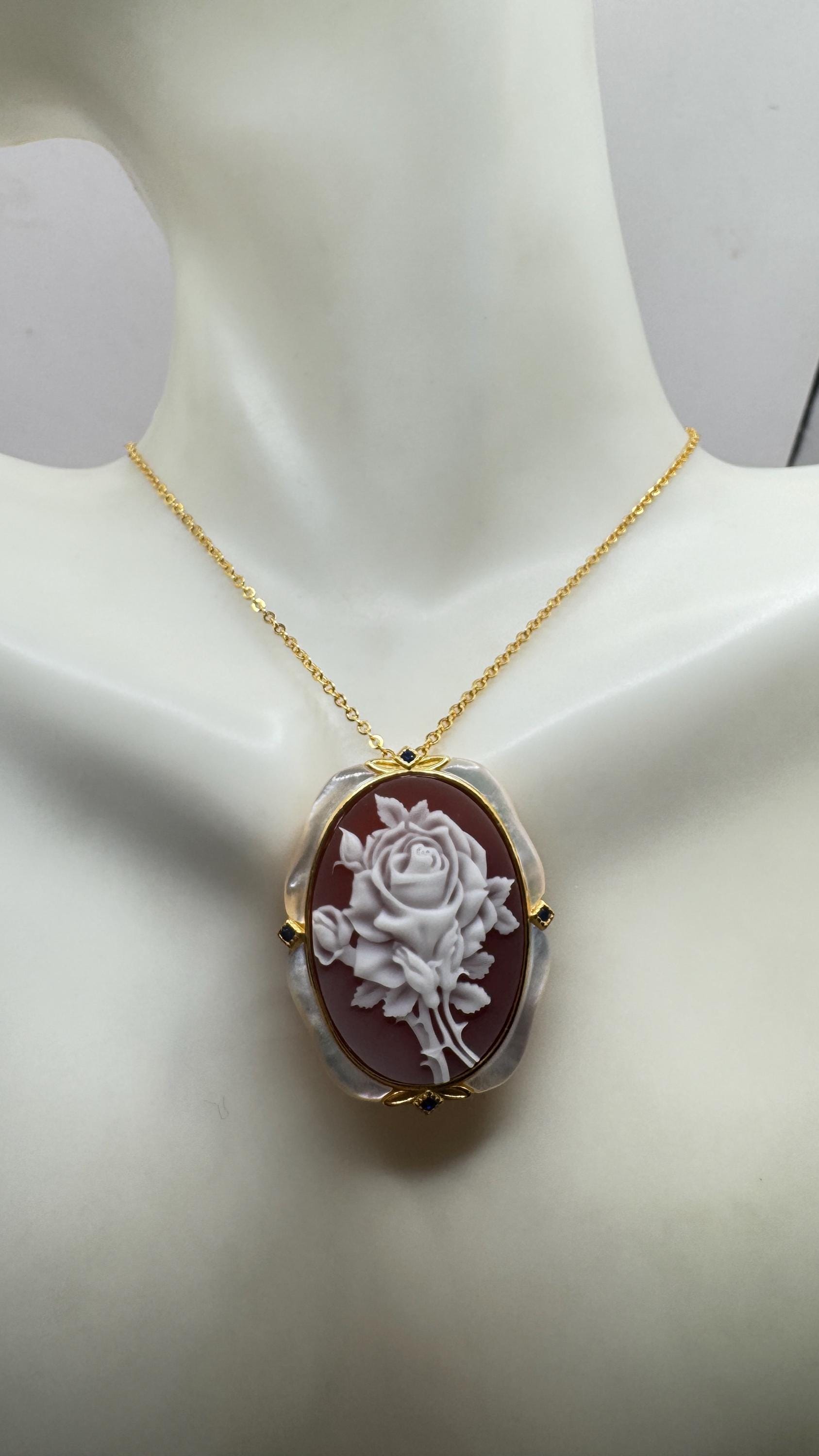 Vintage Rose Flower Cameo Yellow Gold 925 Sterling Silver Necklace Choker
