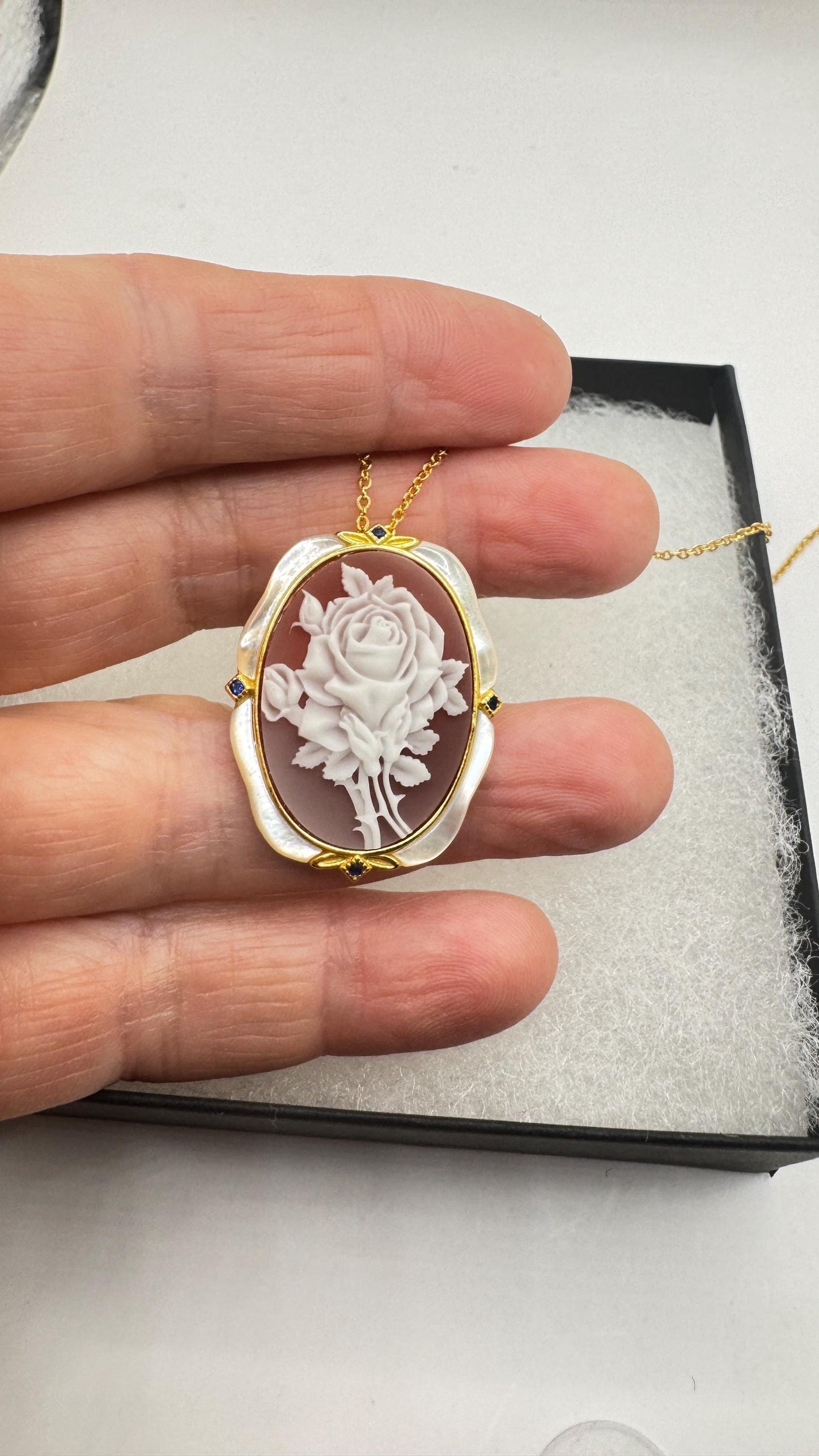 Vintage Rose Flower Cameo Yellow Gold 925 Sterling Silver Necklace Choker