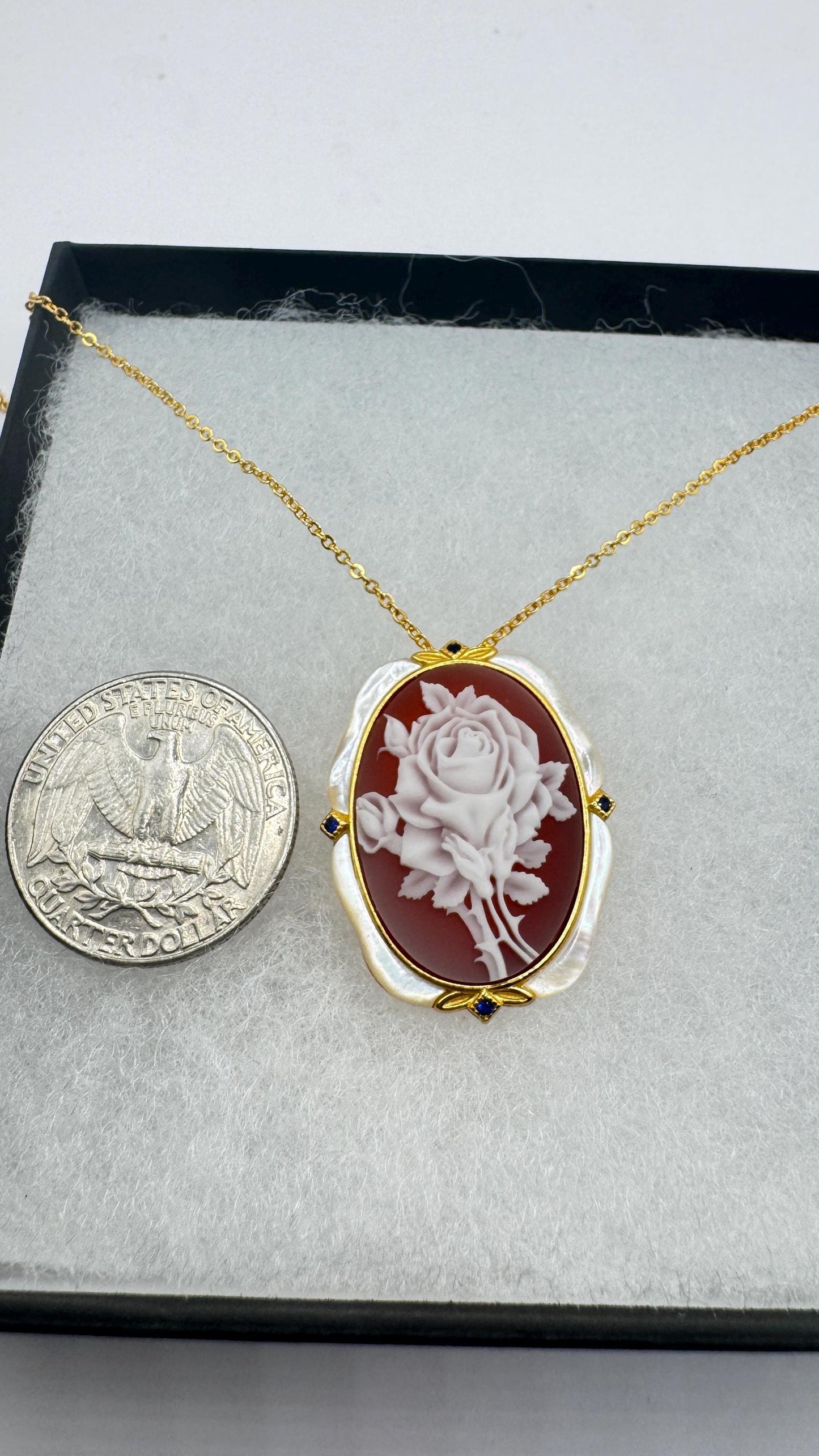 Vintage Rose Flower Cameo Yellow Gold 925 Sterling Silver Necklace Choker