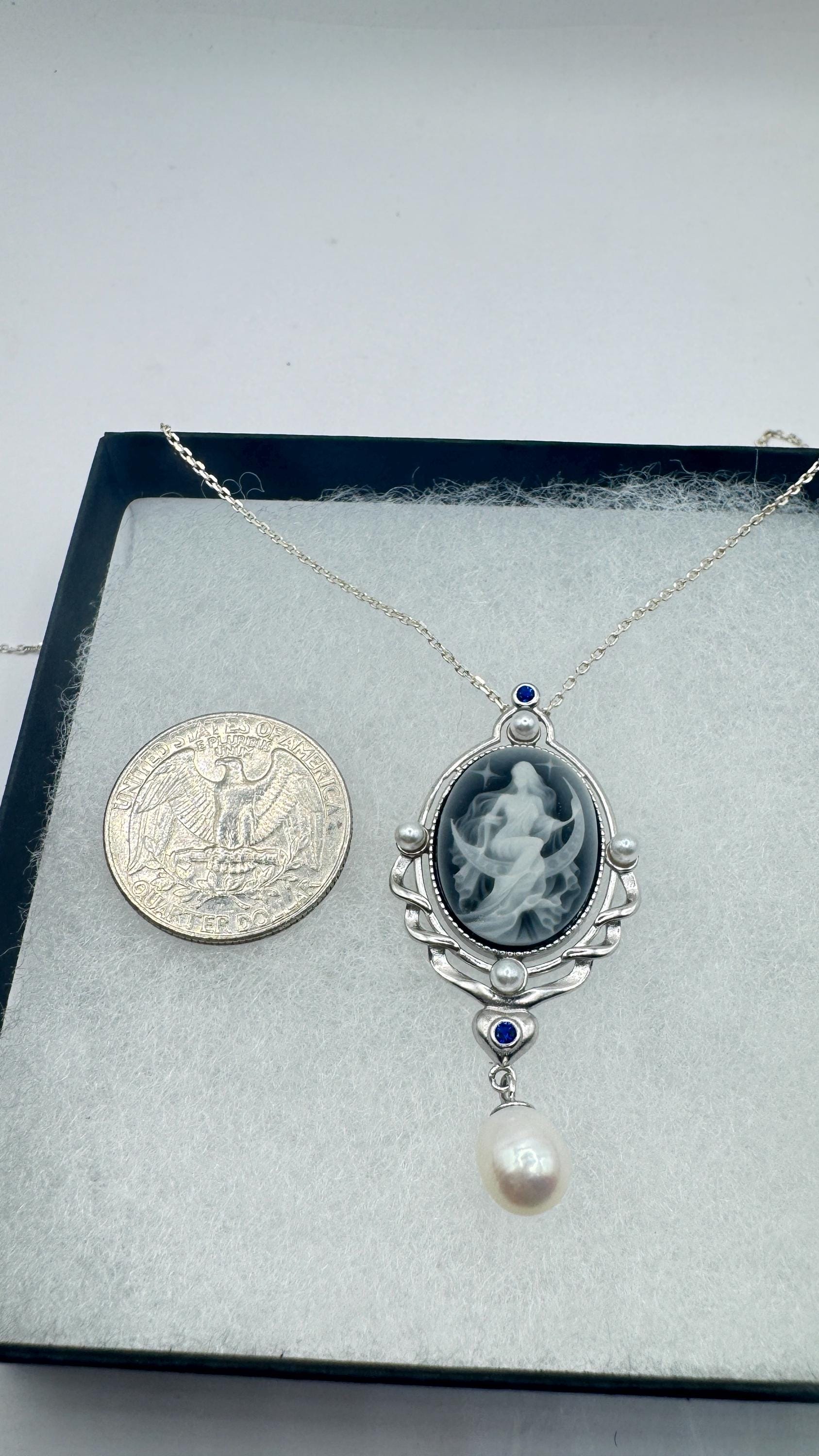 Vintage Moon Goddess Genuine Black Onyx Cameo Sterling Silver Necklace Choker