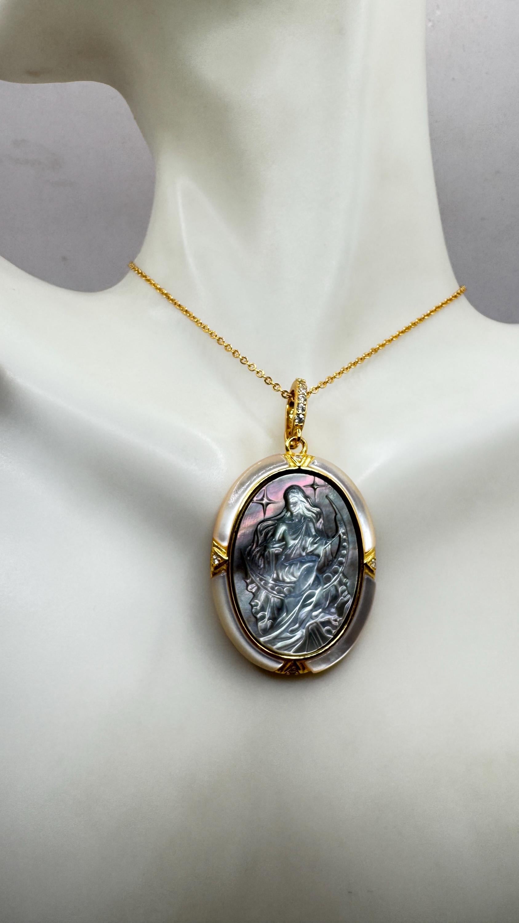 Vintage Moon Goddess Genuine Abalone Cameo Sterling Silver Necklace Pin brooch