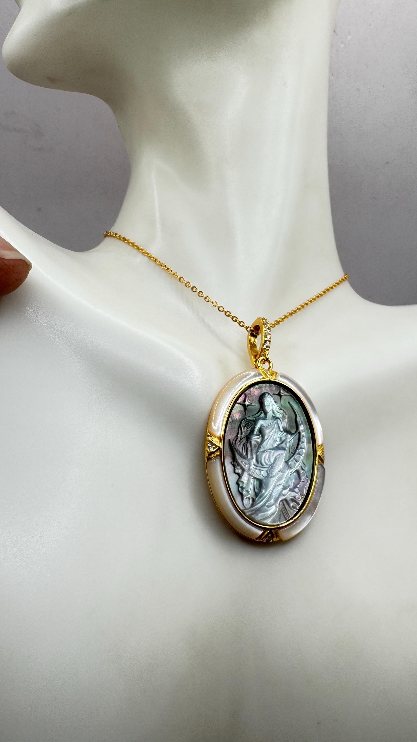 Vintage Moon Goddess Genuine Abalone Cameo Sterling Silver Necklace Pin brooch