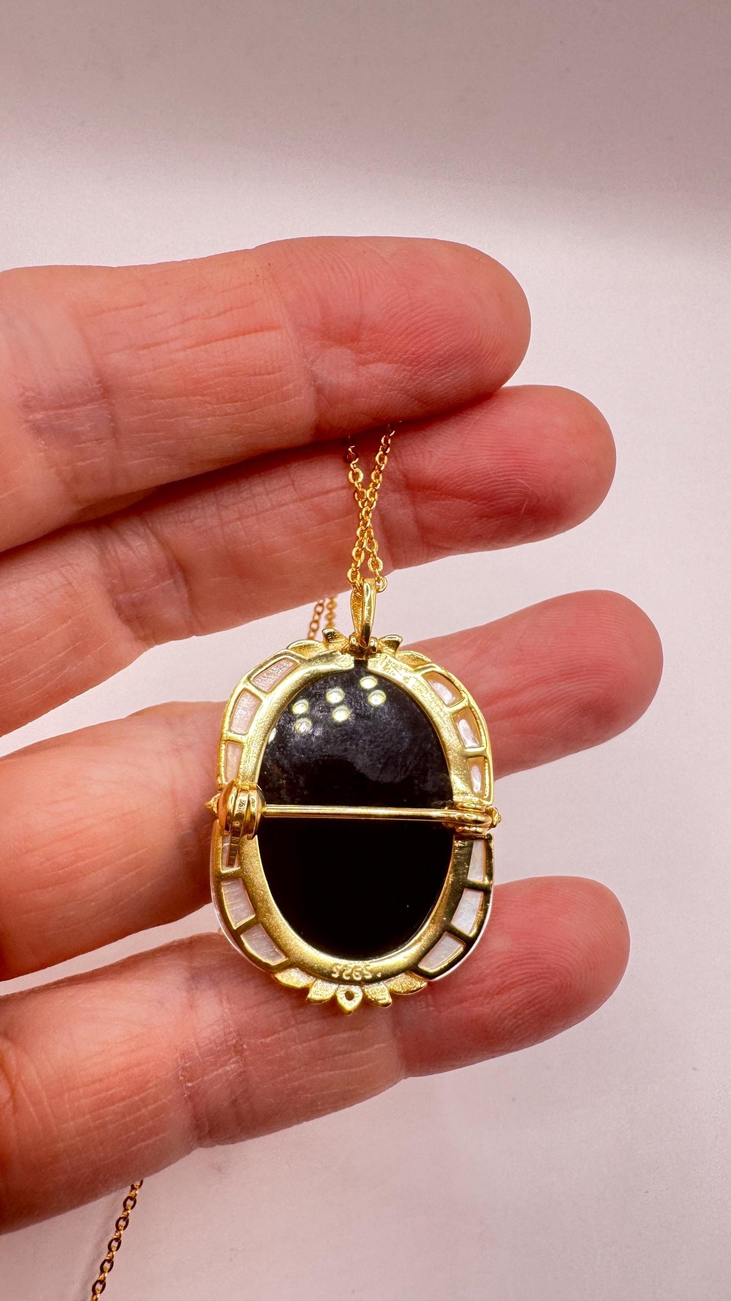 Vintage Moon Goddess Genuine Abalone Cameo Sterling Silver Necklace Pin brooch