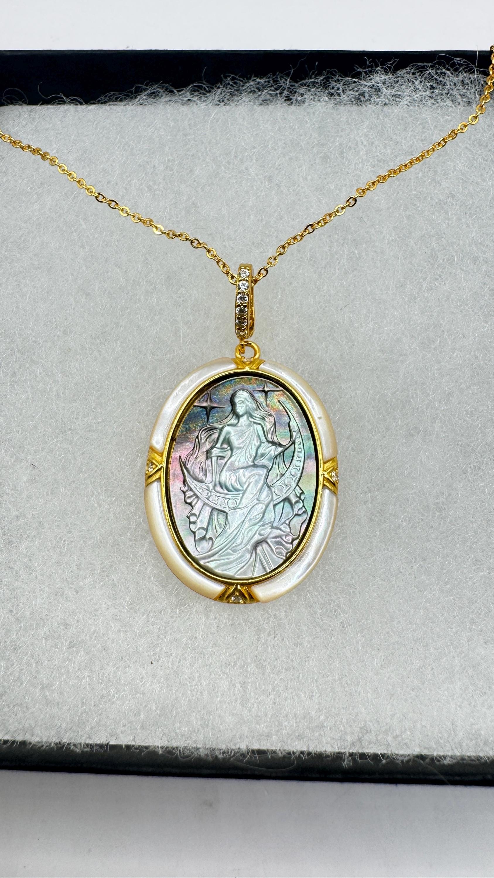 Vintage Moon Goddess Genuine Abalone Cameo Sterling Silver Necklace Pin brooch