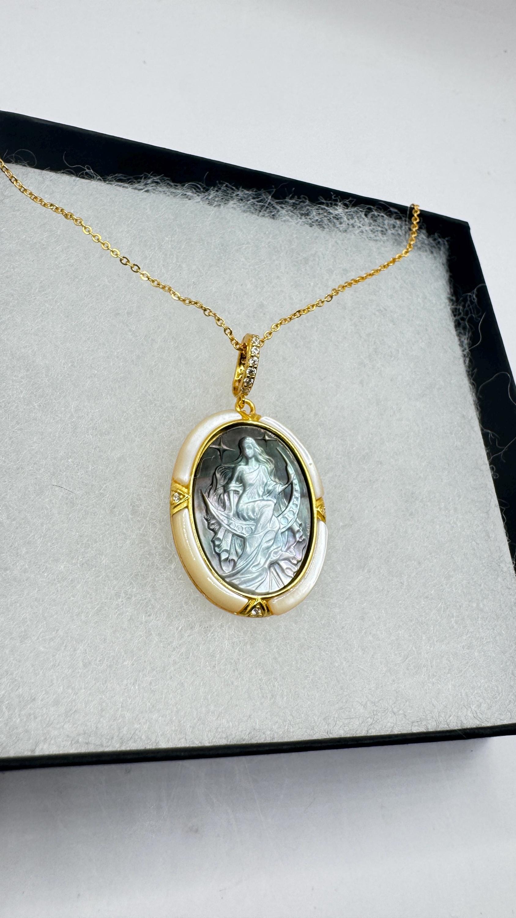 Vintage Moon Goddess Genuine Abalone Cameo Sterling Silver Necklace Pin brooch