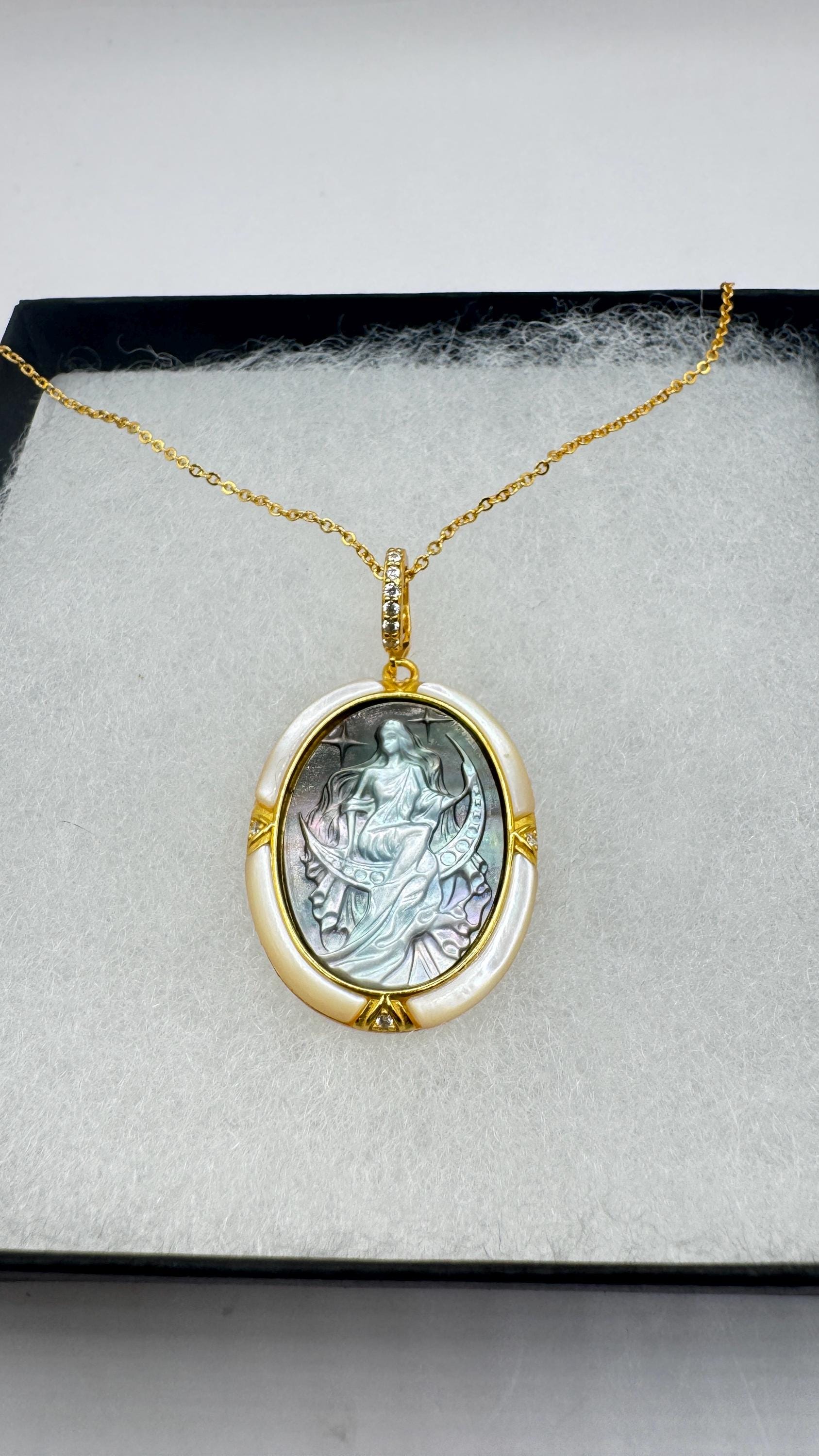 Vintage Moon Goddess Genuine Abalone Cameo Sterling Silver Necklace Pin brooch