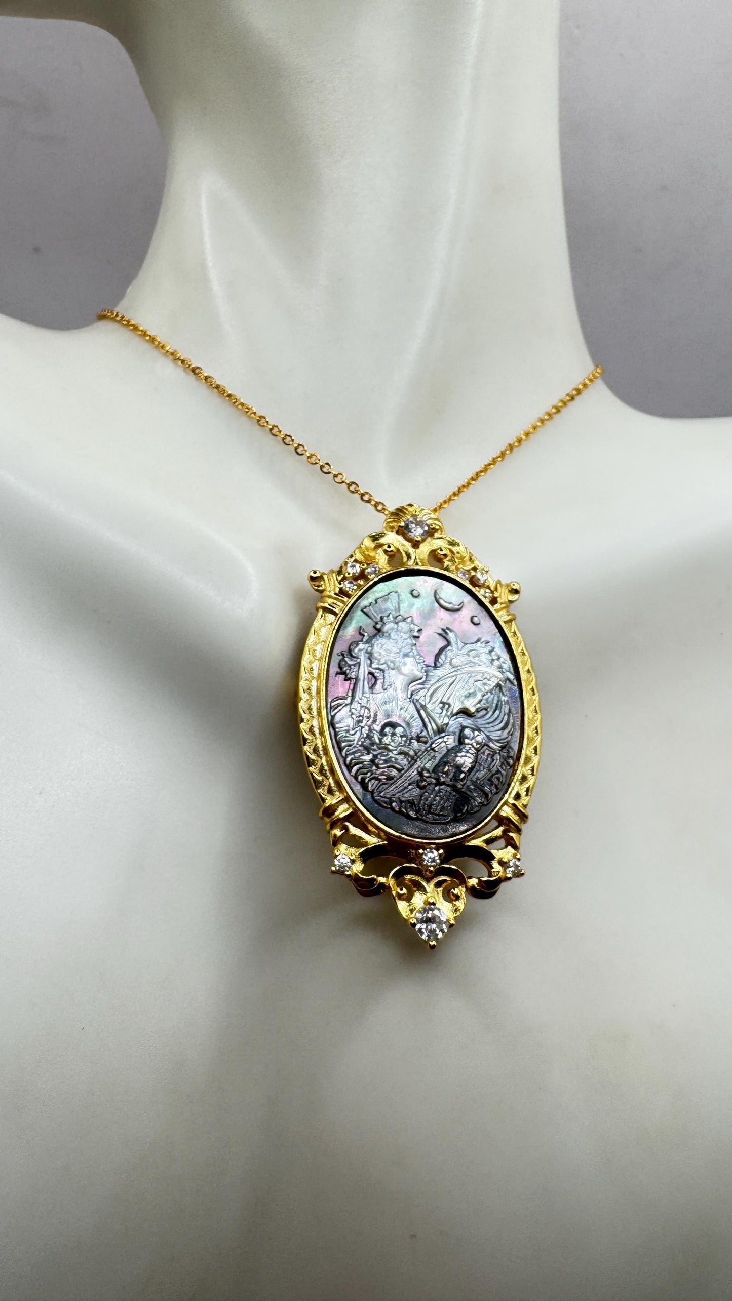 Vintage Moon Goddess Genuine Abalone Cameo Gold Sterling Silver Necklace Pin brooch